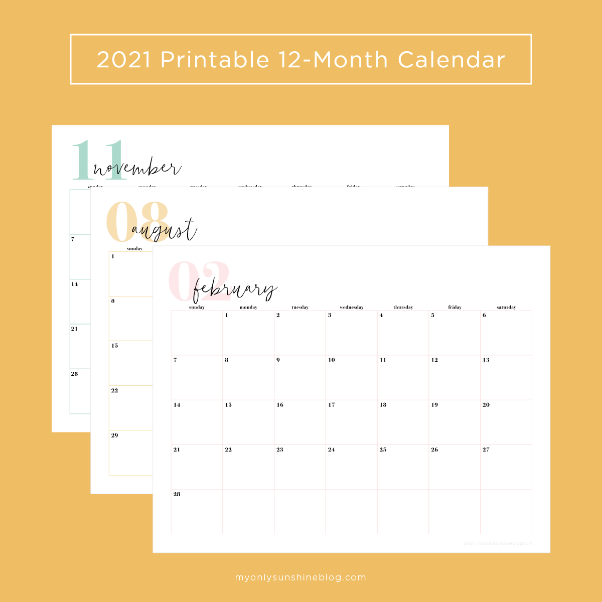 Free 2021 Printable Calendars My Only Sunshine