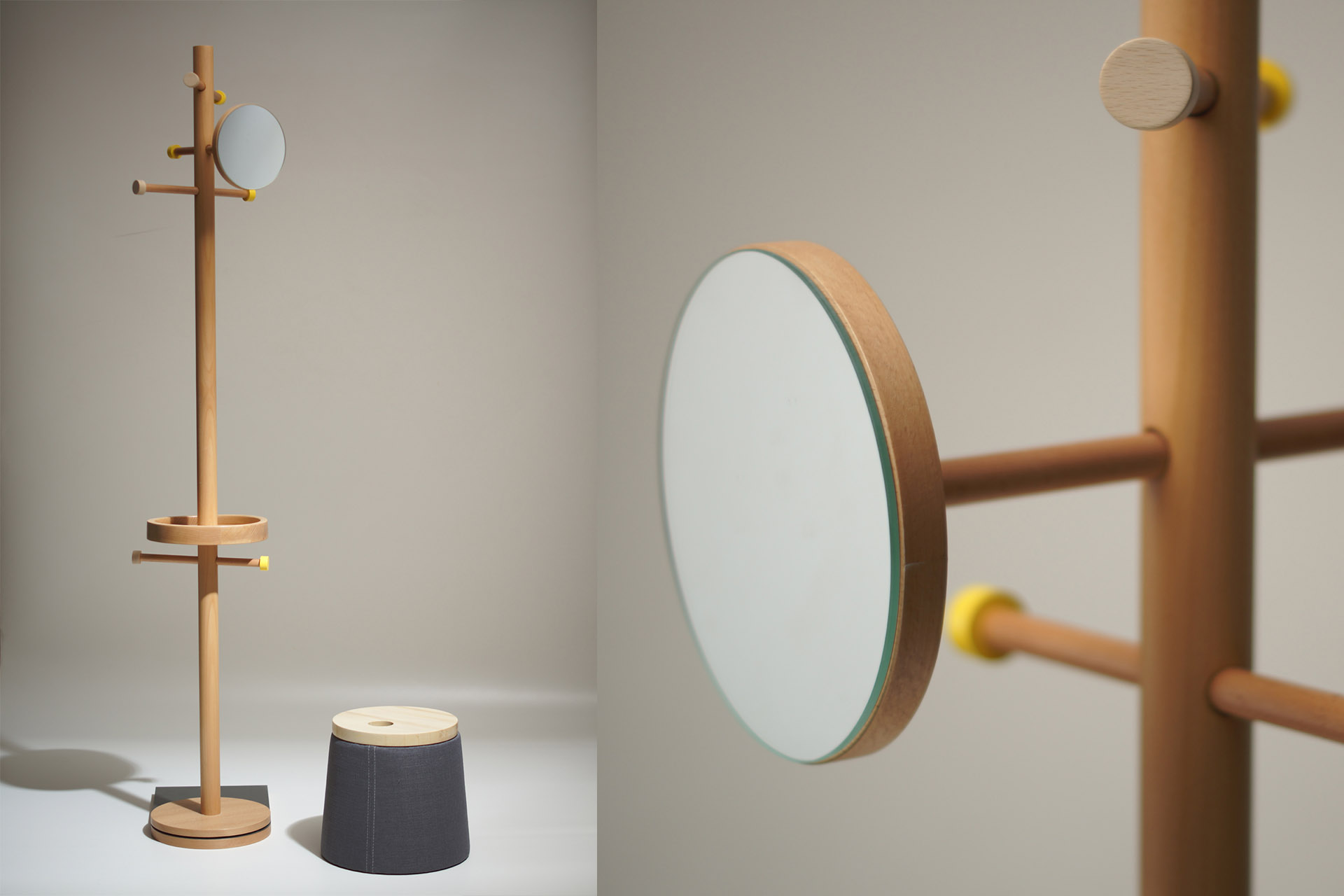 Variable coat rack and Hook & Lee seats by Réka Szabó
