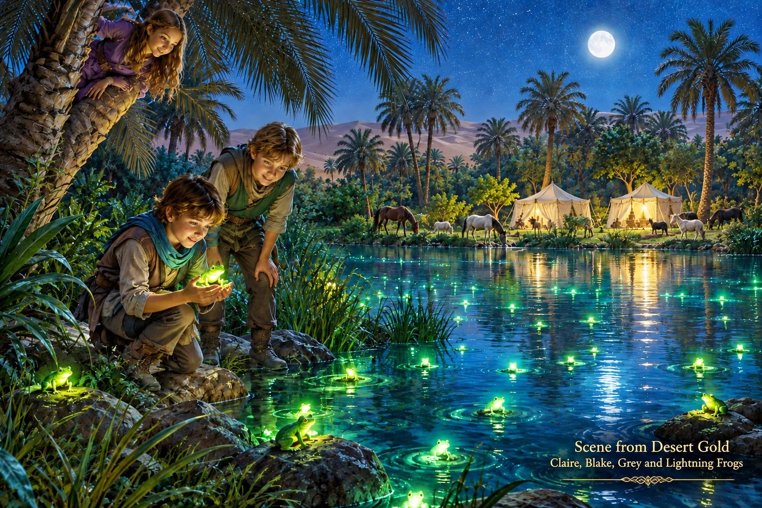 Claire, Blake, and Grey discover glowing frogs at a moonlit desert oasis in Desert Gold, a Tales of Hope story
