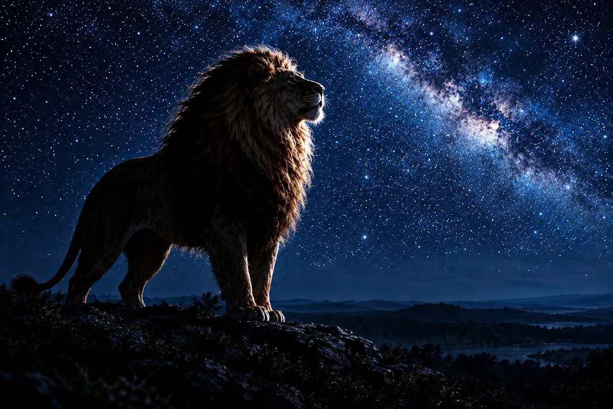 Aslan, the great lion from C. S. Lewis’s The Chronicles of Narnia, beneath a star-filled night sky.