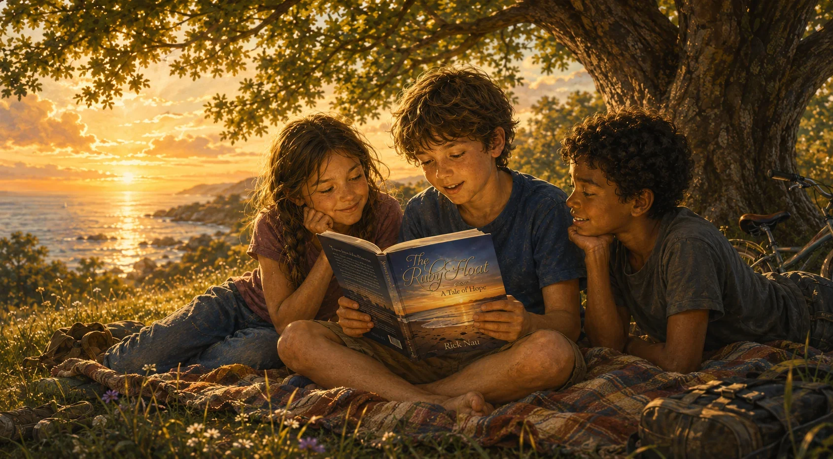 Three children reading The Ruby Float together beneath a tree by the water.