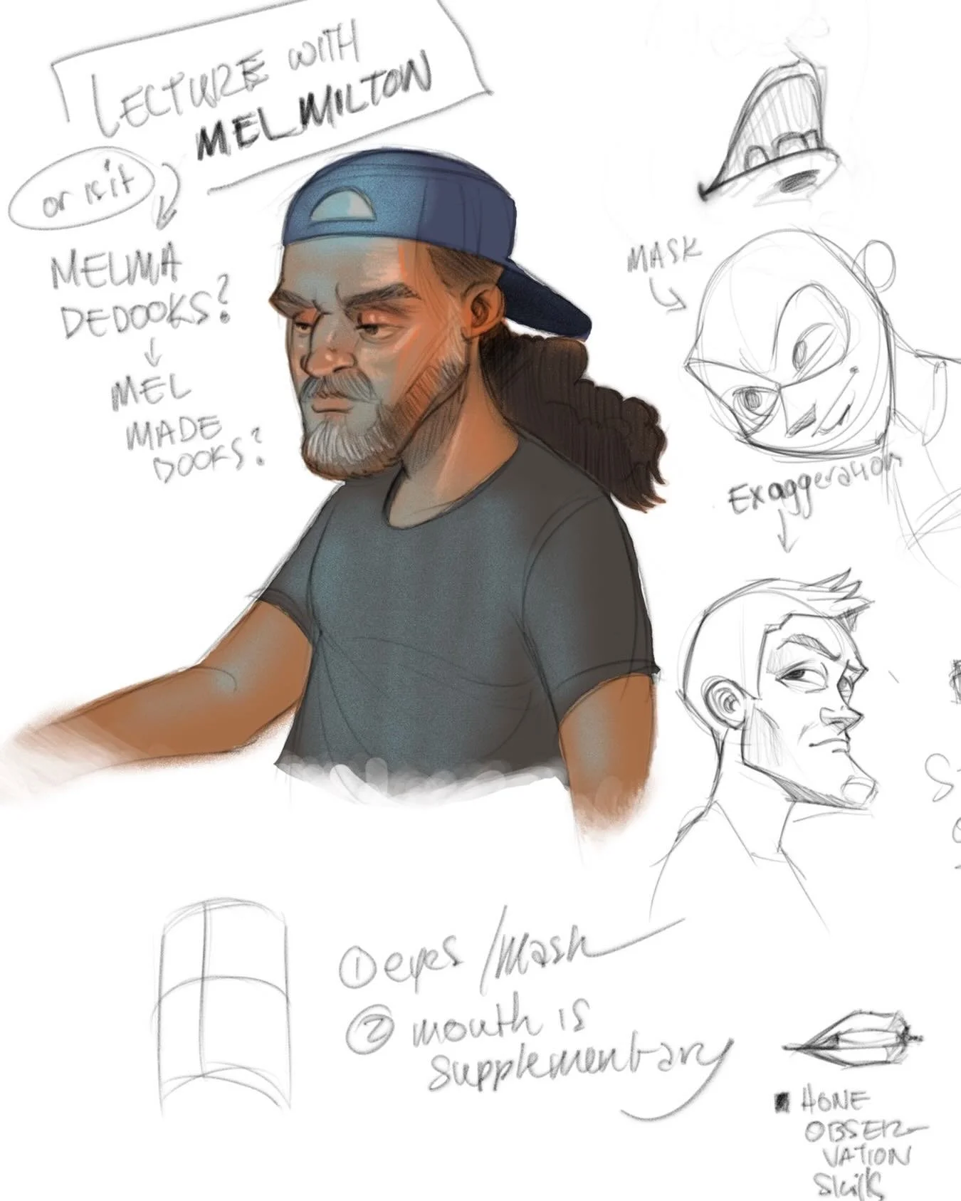 Had a great time at @animationyall at the dynamic posing and expressions lecture with @melmadedooks. Here&rsquo;s a page from my notes along with a sketch of Mel. Made in #procreate