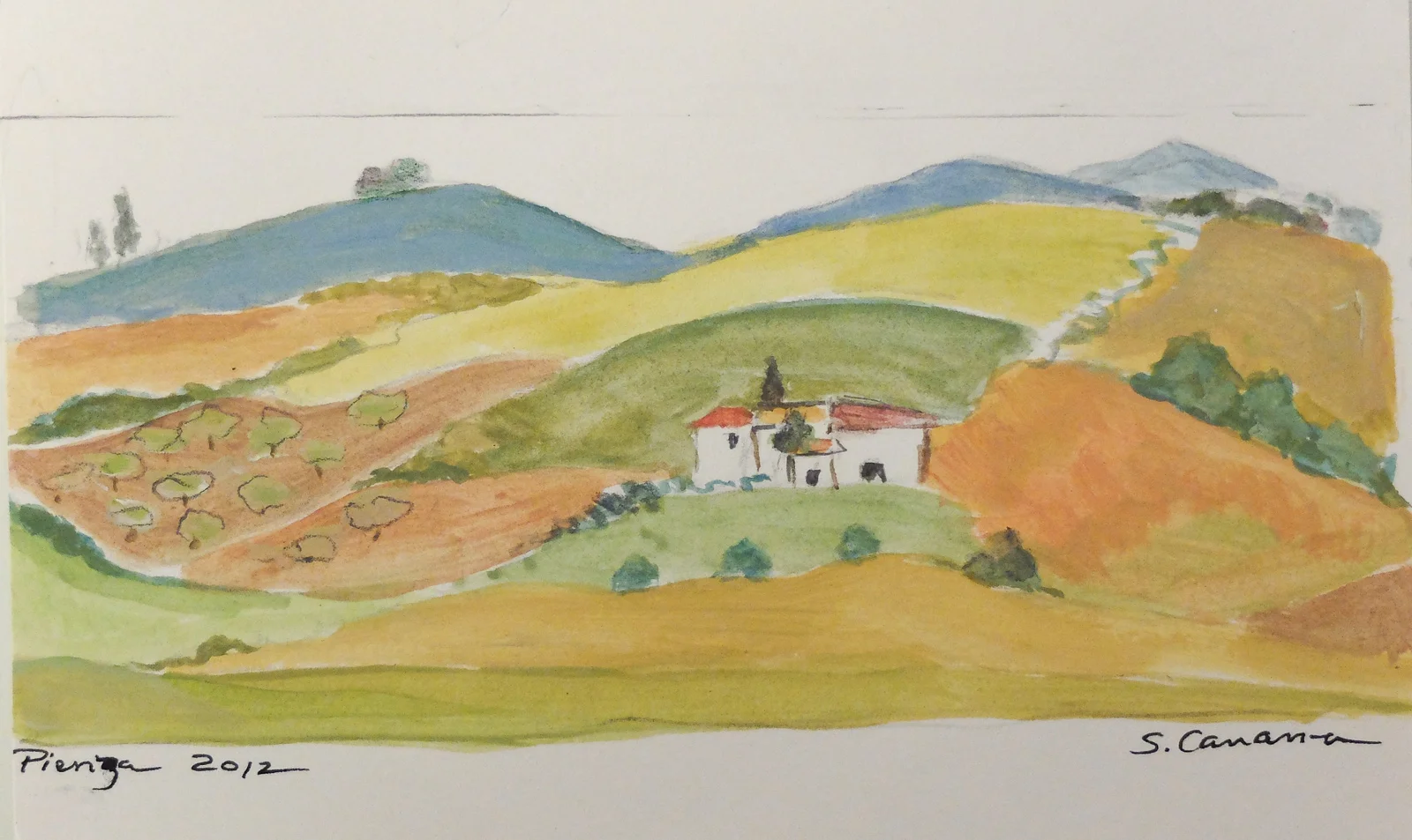 Pienza landscape 1, gouache - $30