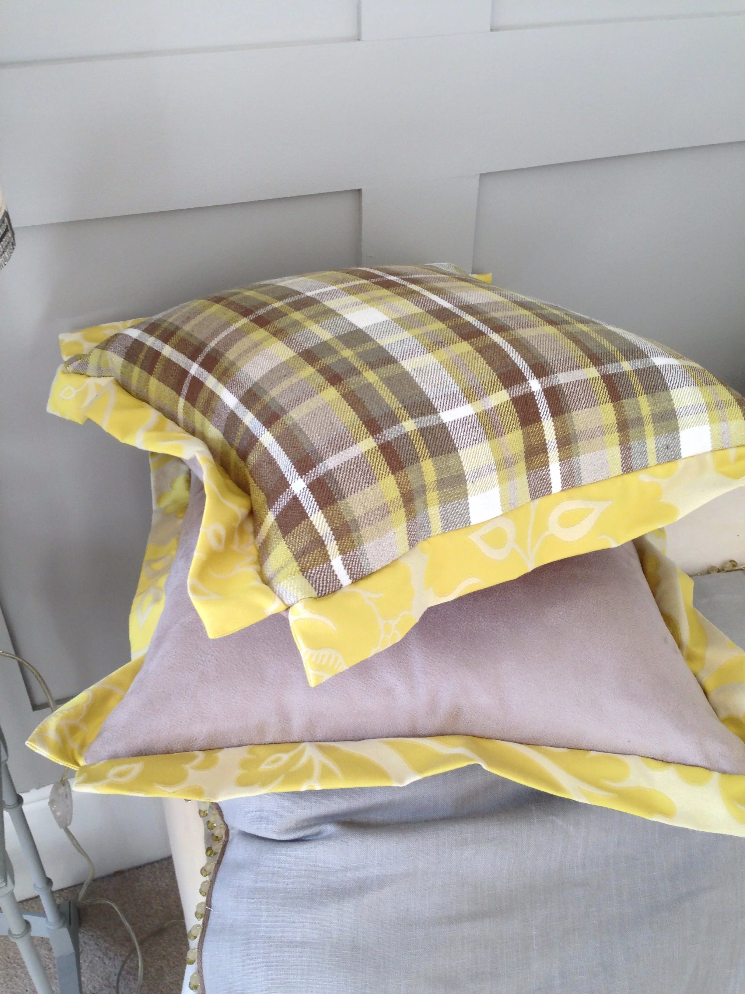Faux suede with a Casamance check and a Robert Allen yellow damask