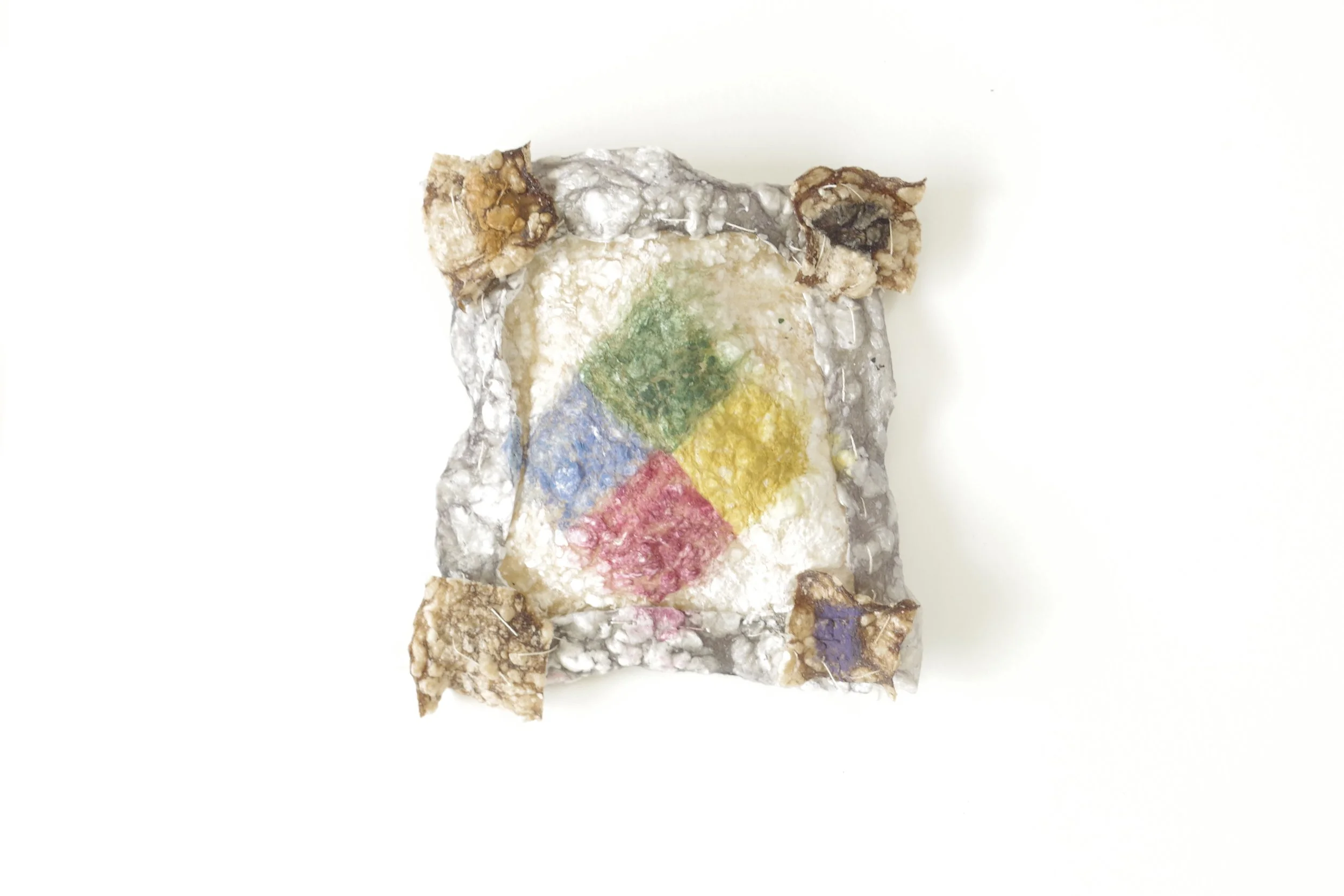  bioplastic quilt square, dyed with butterfly pea flower, beet, onion skin 