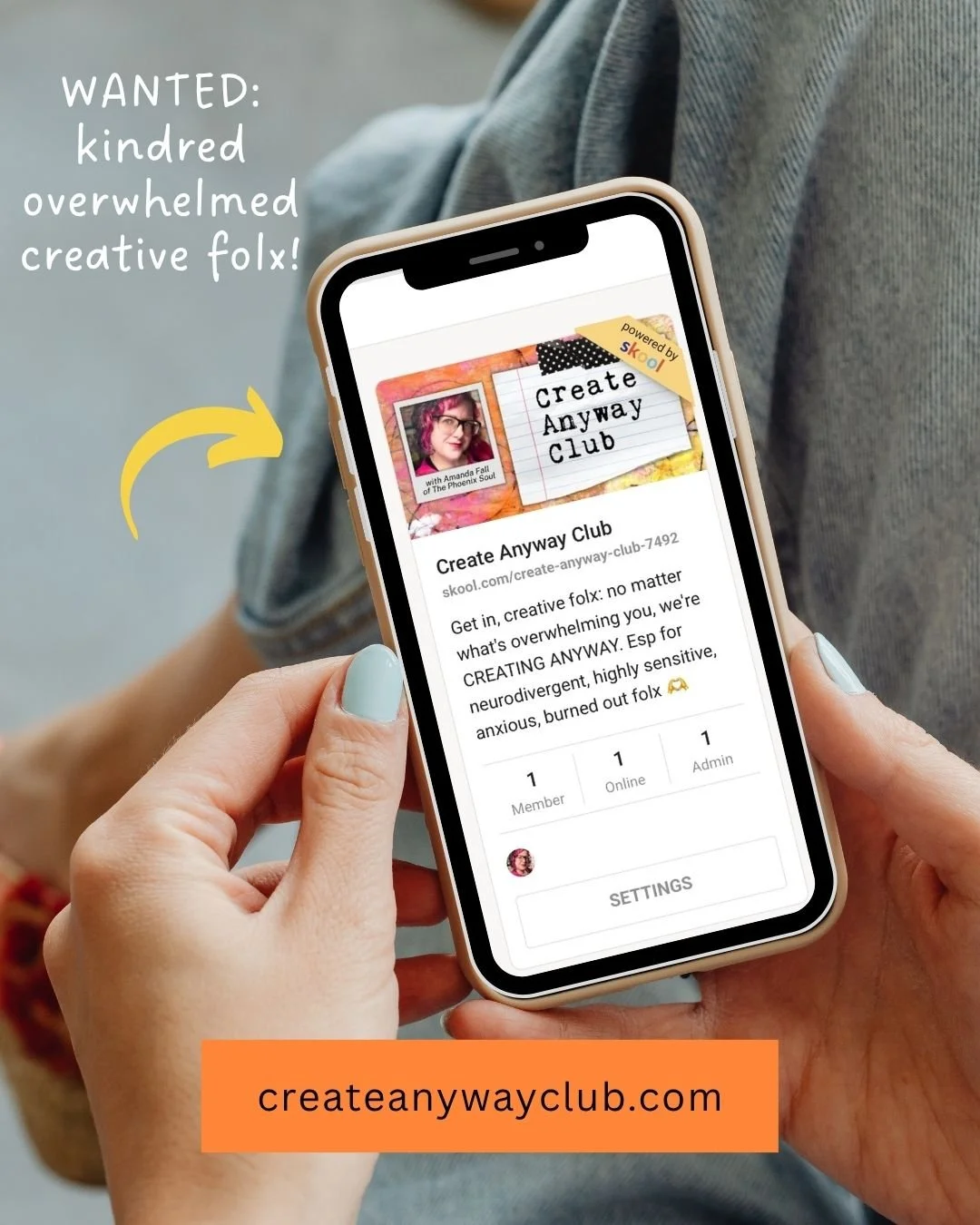 Woman holds smartphone, visiting the homepage of Create Anyway Club by Amanda Fall of The Phoenix Soul