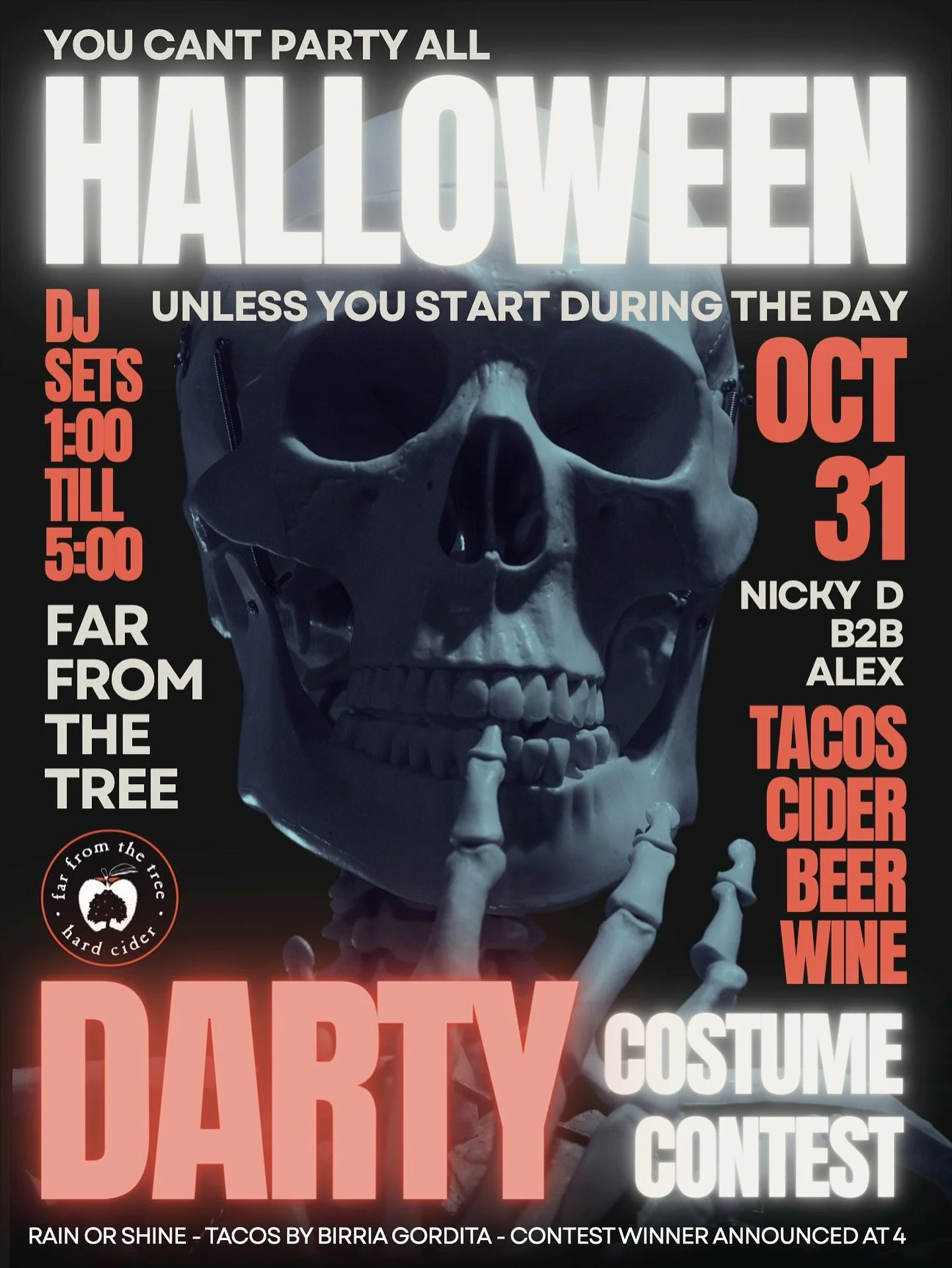 You can&rsquo;t party all HALLOWEEN unless you start during the day! ☠️
Friday, October 31st &bull; 1 - 5 PM
DJ sets &bull; Food pop-up by @birriagorditatacos &bull; Costume contest (winner announced at 4 PM)