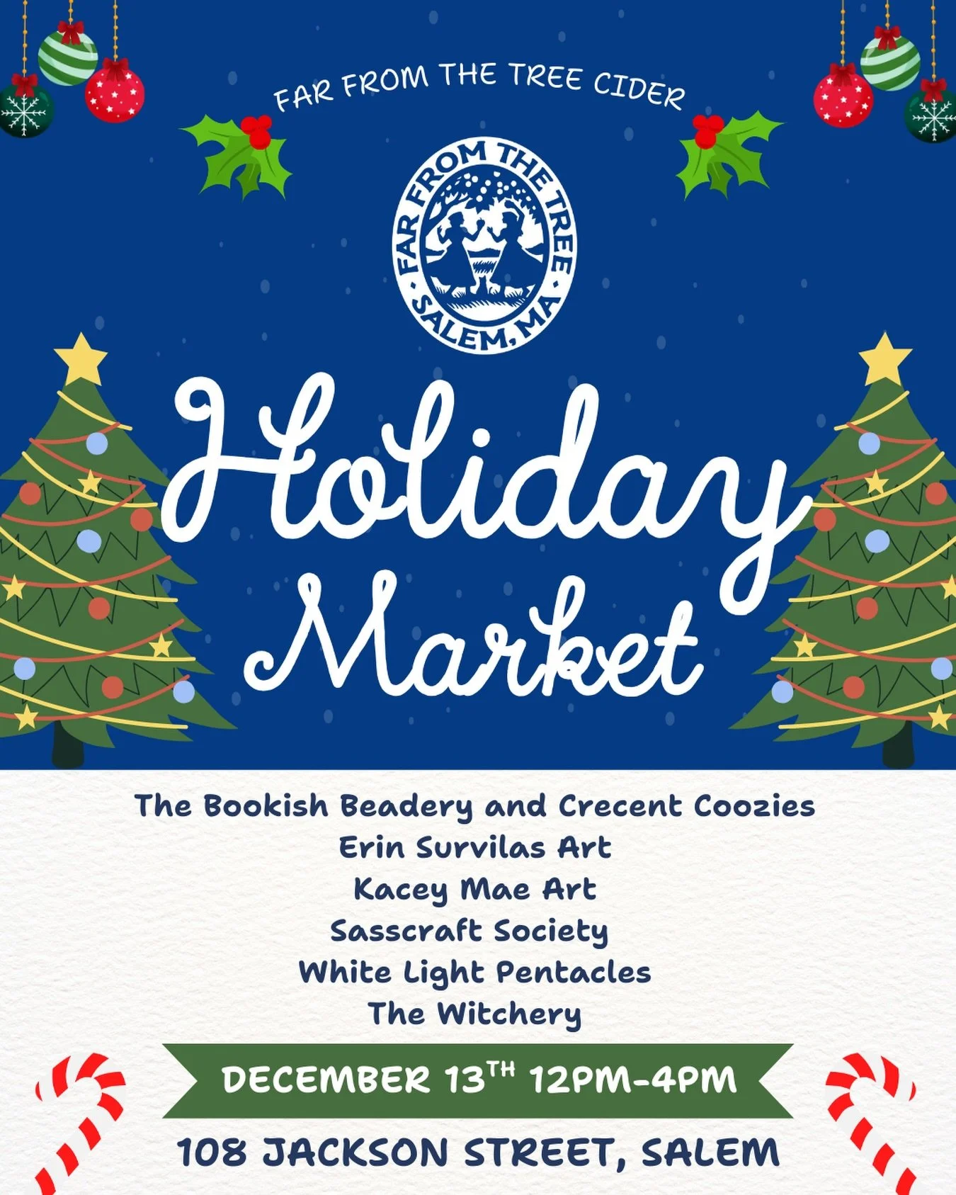🎄 Holiday Market at Far From The Tree! 🎄

Join us on Saturday, December 13th from 12pm&ndash;4PM for a festive afternoon of shopping, sipping, and supporting local creators!
Stroll through our cozy taproom and shop from an amazing lineup of local v