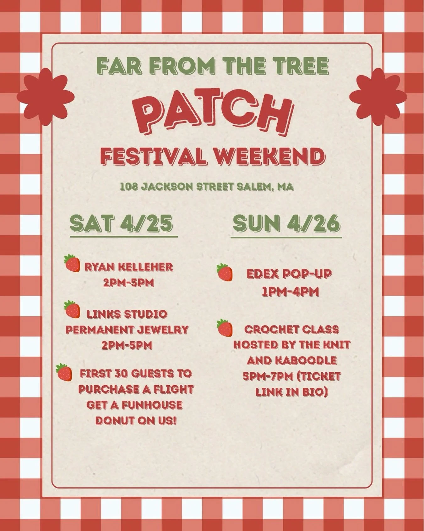 🍓 Patch Festival Weekend at Far From The Tree 🍓
Patch Cider is BACK&mdash;and we&rsquo;re bringing it back in style 🍓🔥

Saturday 4/25
🎶 Live Music with @ryankelleher (2PM&ndash;5PM)
✨ Permanent Jewelry @linkscustomstudio (2PM&ndash;5PM)
🍩 First