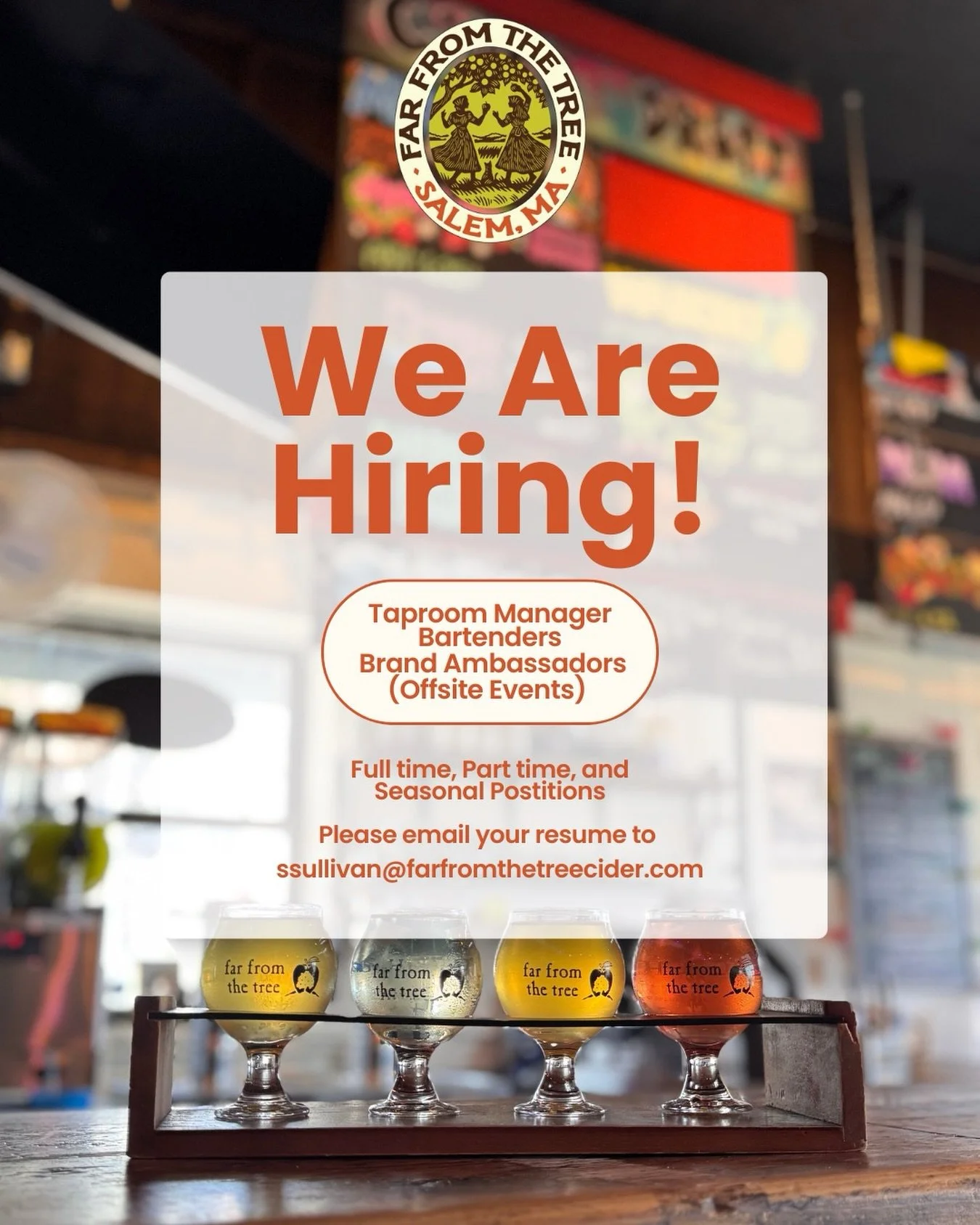 Join the crew at Far From the Tree 🍎✨

We are hiring! Taproom Manager, Bartenders, and Brand Ambassadors for offsite events&mdash;whether you&rsquo;re looking for full-time, part-time, or seasonal work, we&rsquo;ve got a spot for you.

Love cider an