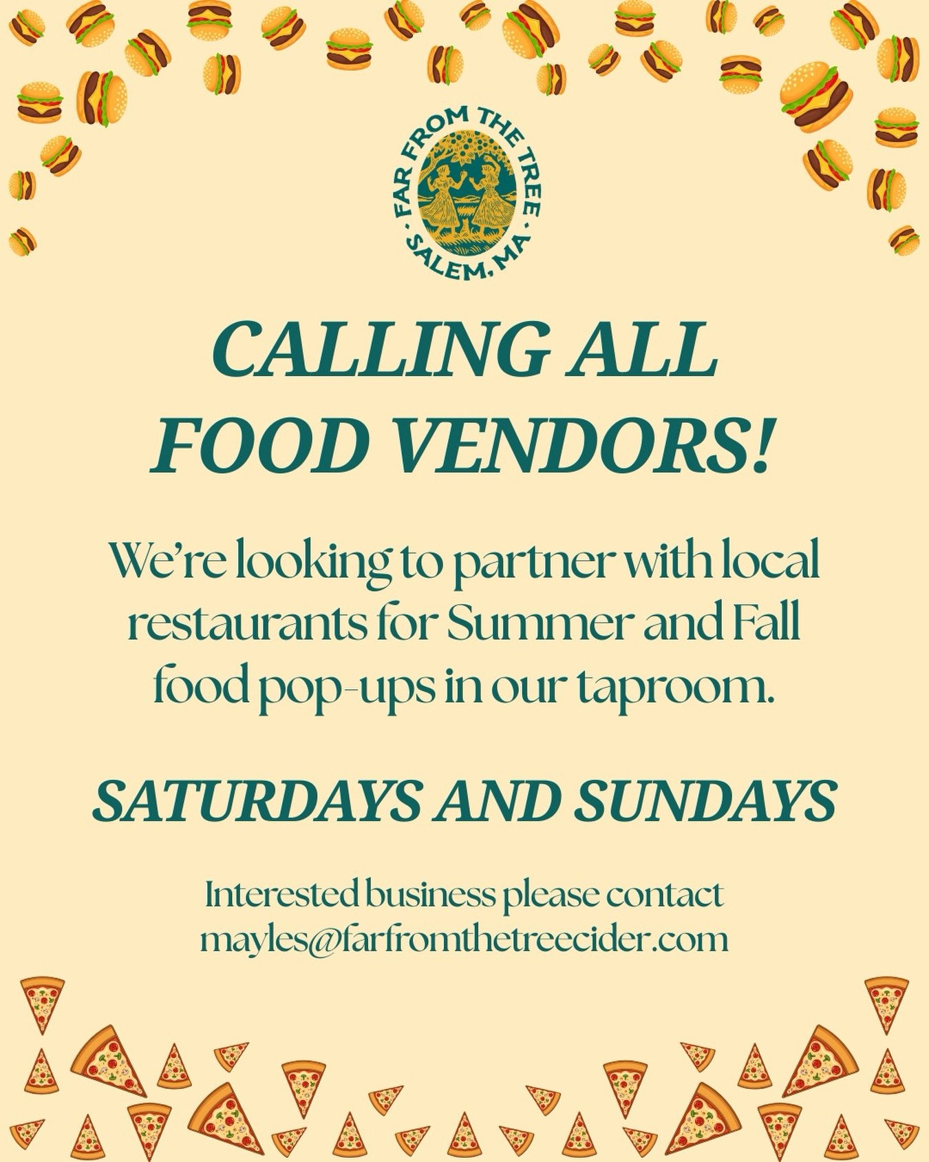 📣 Let&rsquo;s make weekends at the taproom even tastier! Your favorite local food spot + your favorite local cidery, sounds like a pretty good weekend to us 🍎🍻🍕🍔

We&rsquo;re looking for food trucks and restaurants interested to pop-up in the ta