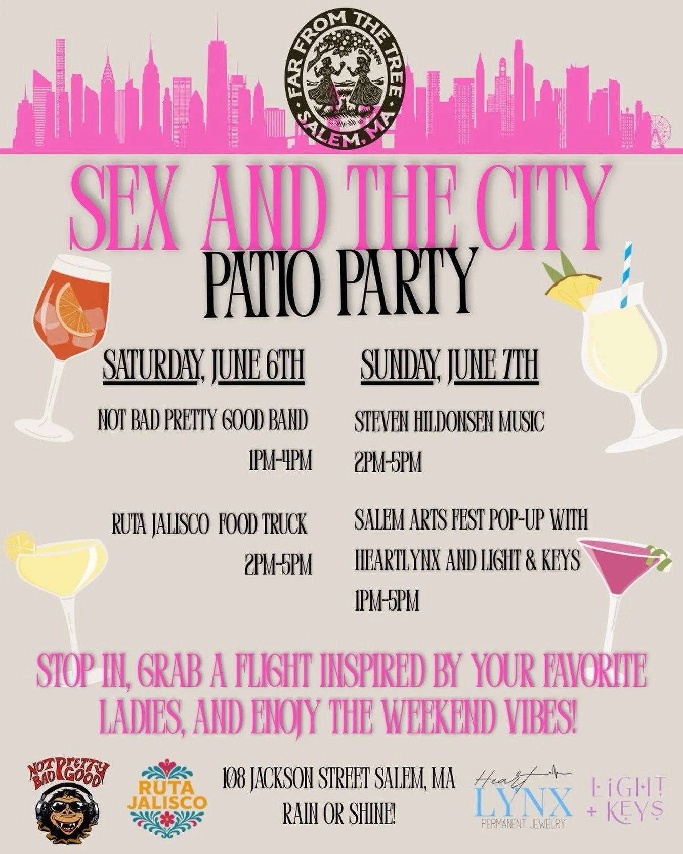 Far From the Tree x Sex and the City Launch Party 6/6-6/7 💋🍸✨ We&rsquo;re celebrating all weekend long with SATC flights, live music, food trucks, and local pop-ups at the taproom!

🍸 Carrie &mdash; Cosmo
🍋 Samantha &mdash; Limoncello
🍊 Miranda 