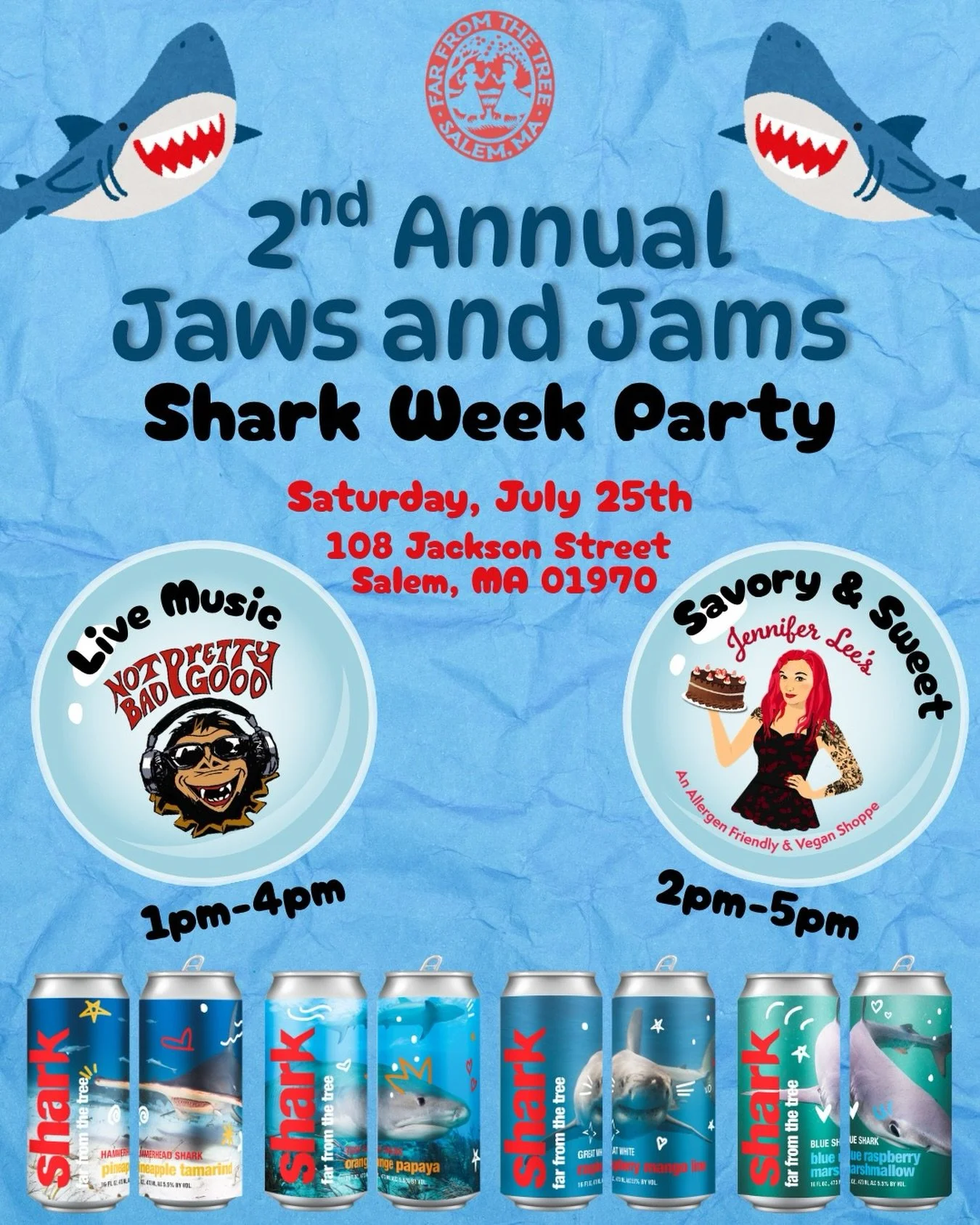 🦈🎶Sink your teeth into the 2nd Annual Jaws &amp; Jams: Shark Week Party!🎶🦈

We&rsquo;re making waves on Saturday, July 25 with our SHARK ciders, live music, and delicious bites.

🍊 Tiger Shark &ndash; Orange + Papaya
🍍 Hammerhead Shark &ndash; 