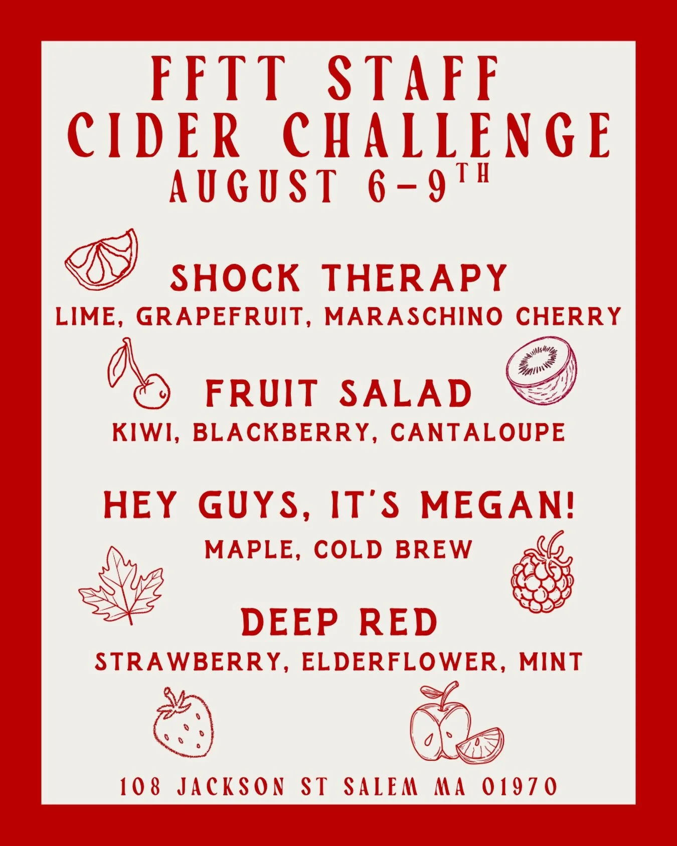 🚨 Far From the Tree Staff Cider Challenge is ON! 🍎🏆 Starting Thursday, August 6 through Sunday, August 9 (or until we sell out!) Grab a flight, pick your favorite, and cast your vote!

✨only available as a flight✨

🍒 Shock Therapy &mdash; lime &b