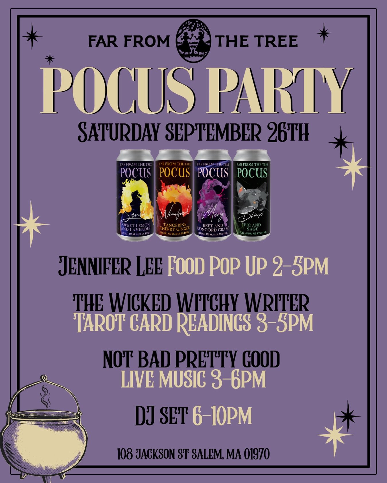 POCUS PARTY IS BACK, WITCHES.✨🔮

Mark your calendars for Saturday, September 26th! Come thirsty. Come spooky. Come ready to party. 🪄💫

🍎 POCUS on draft and in four packs 
🍴 @msjenniferlee Food Pop Up | 2&ndash;5PM
🔮 @wickedwitchywriter Tarot Ca