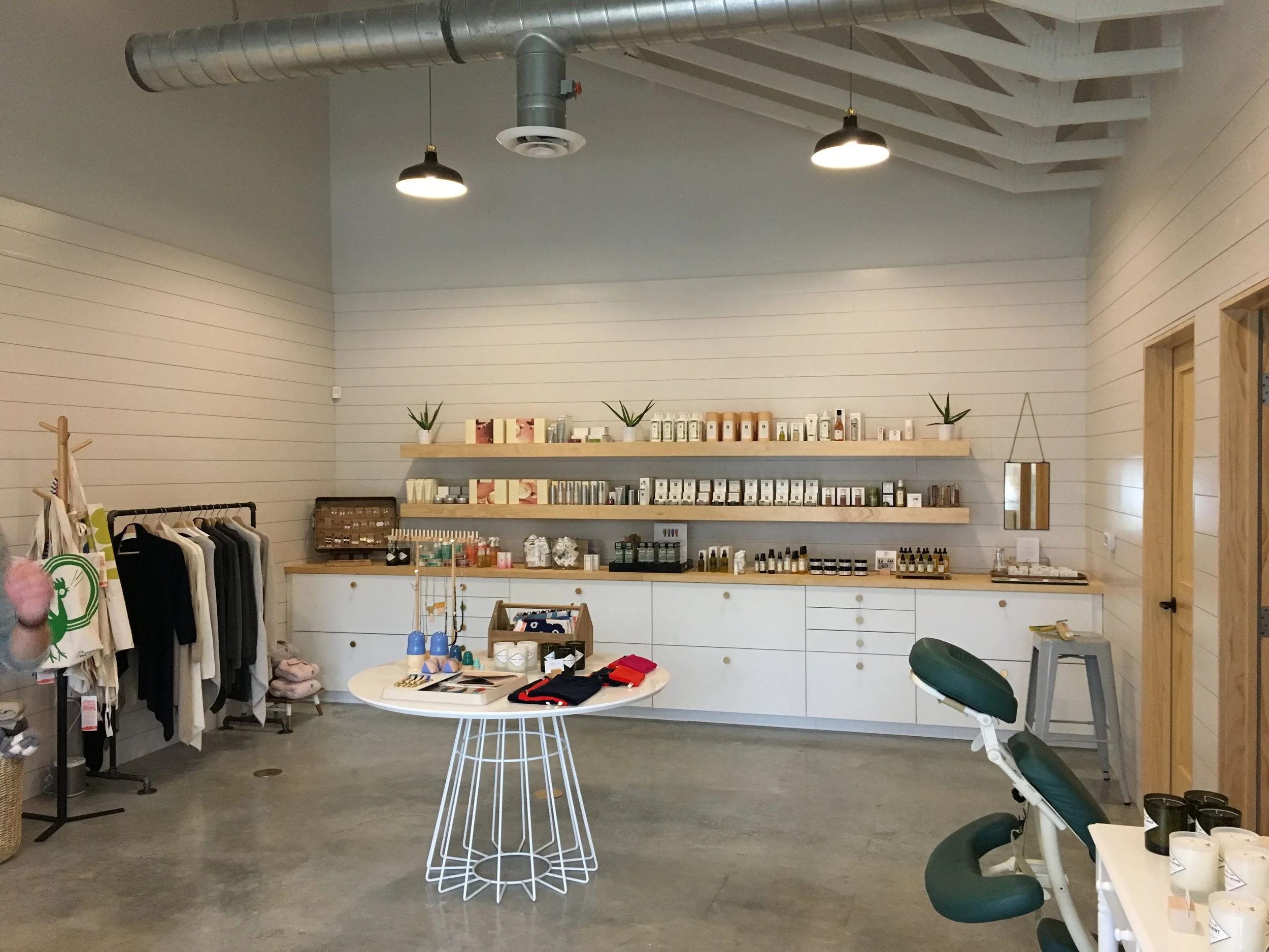 Retail display counters and shelves.