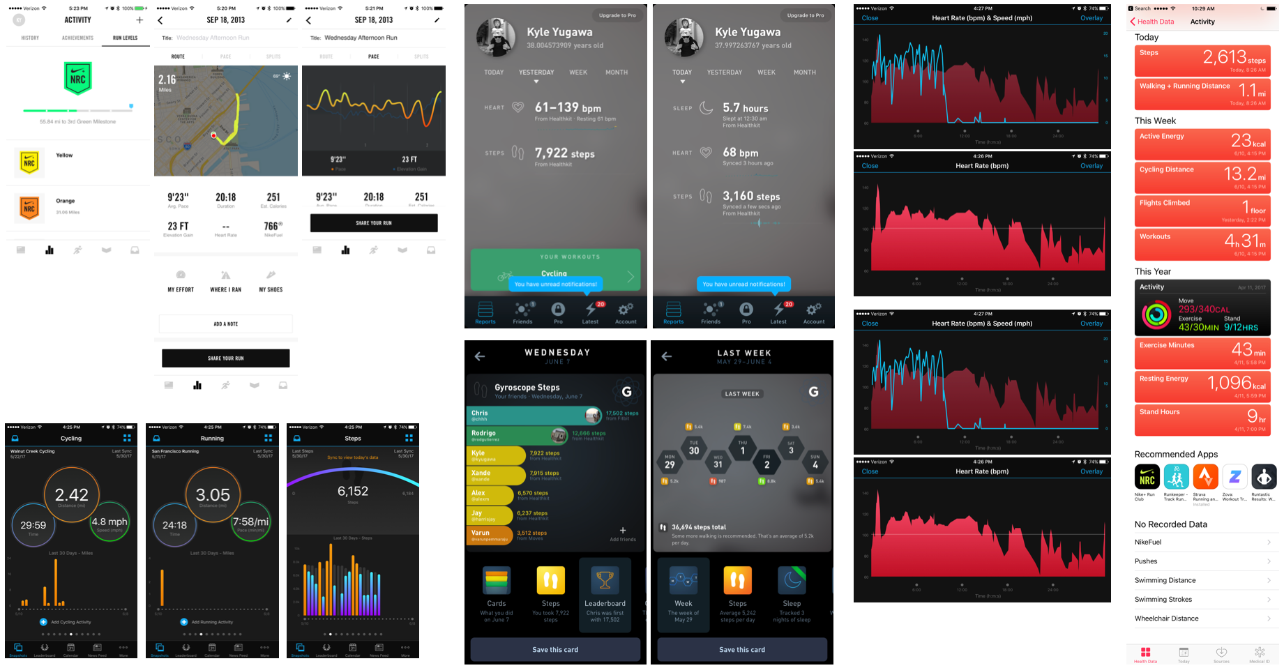 Examples of competitors’ UI, achievements, and tracking structure.