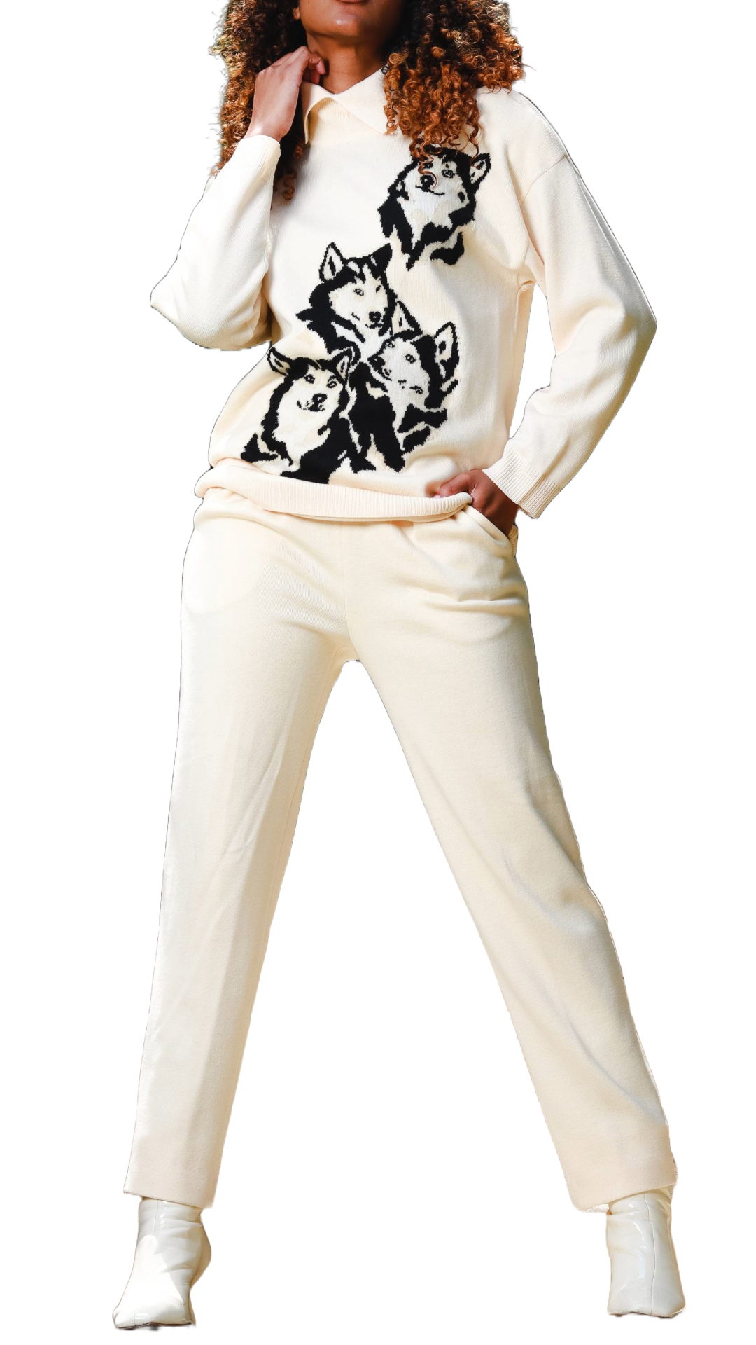 ESCADA Ivory Wool Knit Pleated Pant Suit