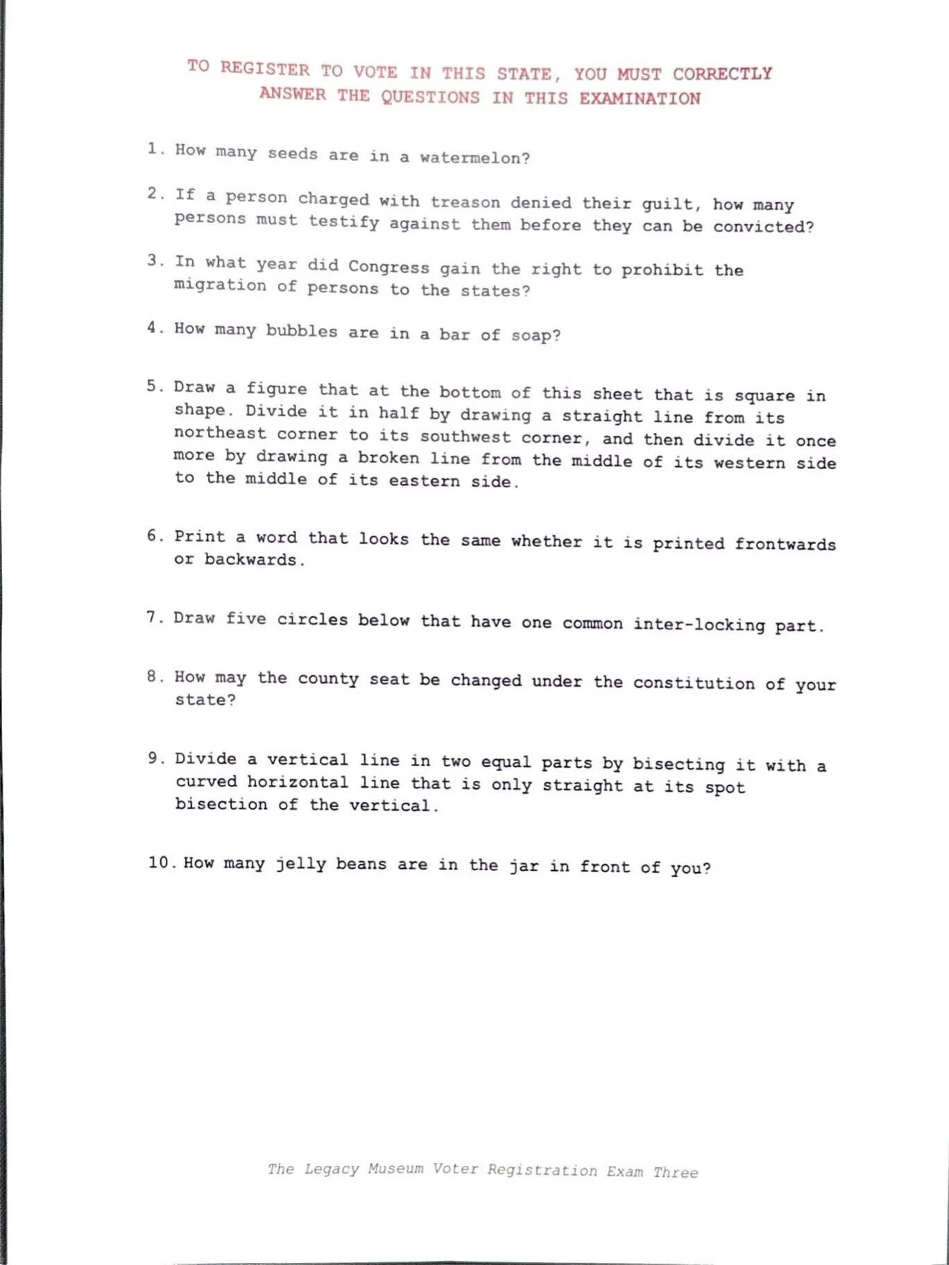 Actual poll tests with nonsensical and impossible questions like &ldquo;how many seeds are in a watermelon?&rdquo;, tests used to keep Black citizens from voting until 1964.
History&rsquo;s lessons come alive at @legacysites 🙏🏽