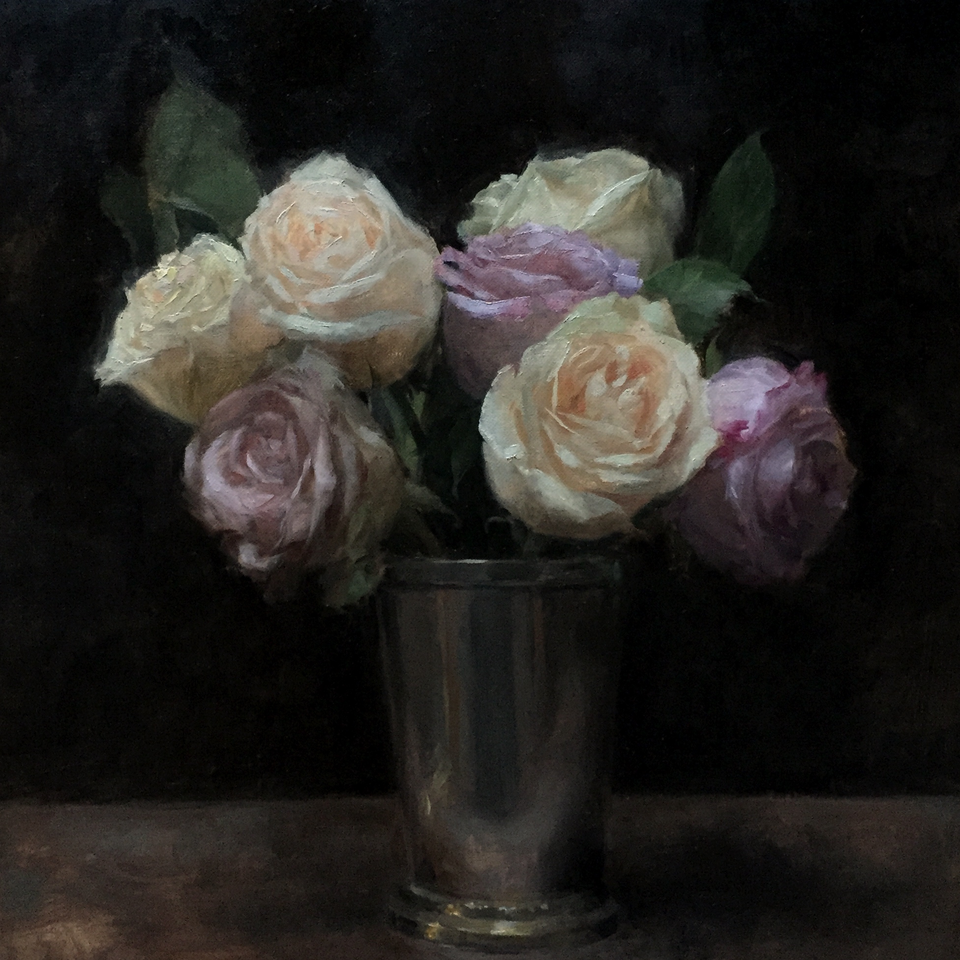   Roses in a julep cup,  oil on canvas 