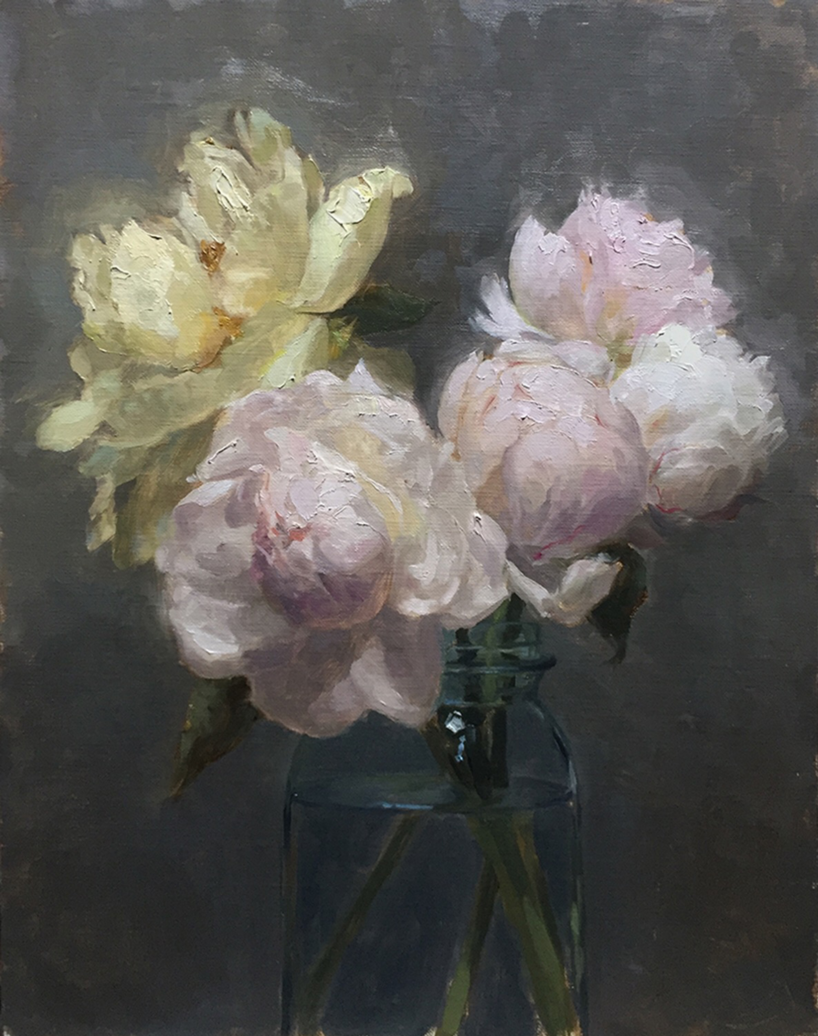   Peonies in a blue Ball,&nbsp; oil on canvas on board 