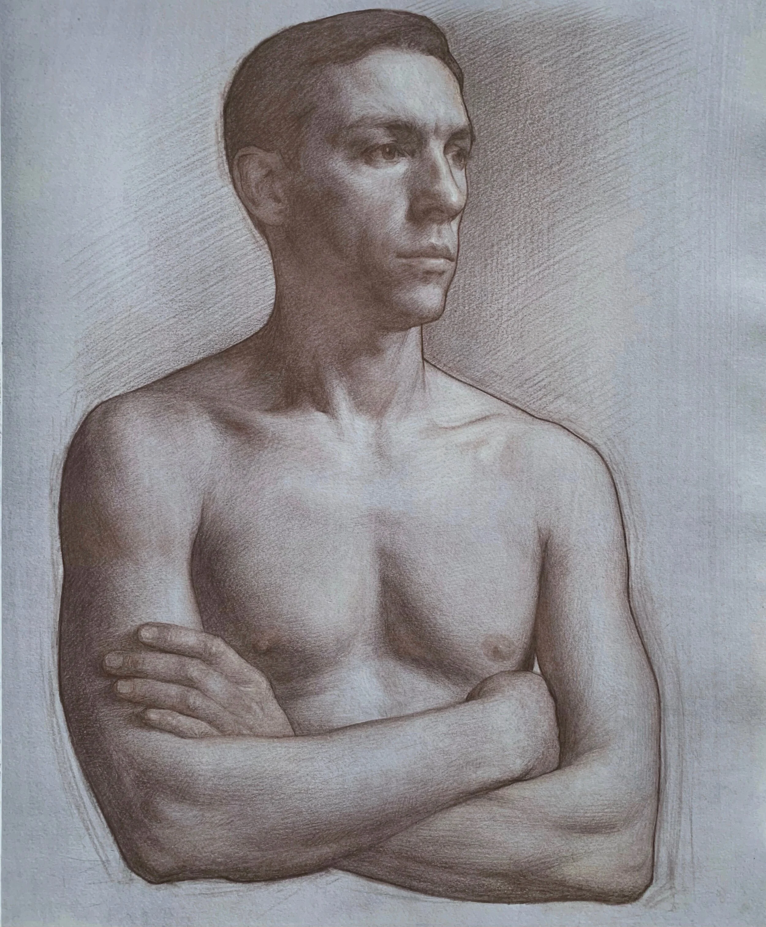   Michael with arms crossed,  brown pencil and white chalk on toned paper 