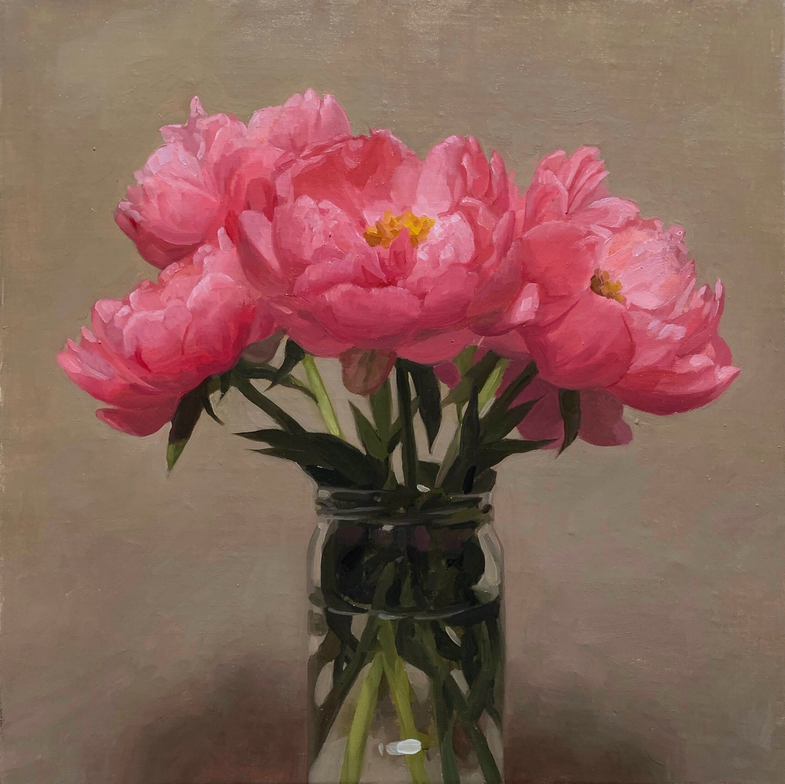   Five pink peonies,  oil on canvas on panel 