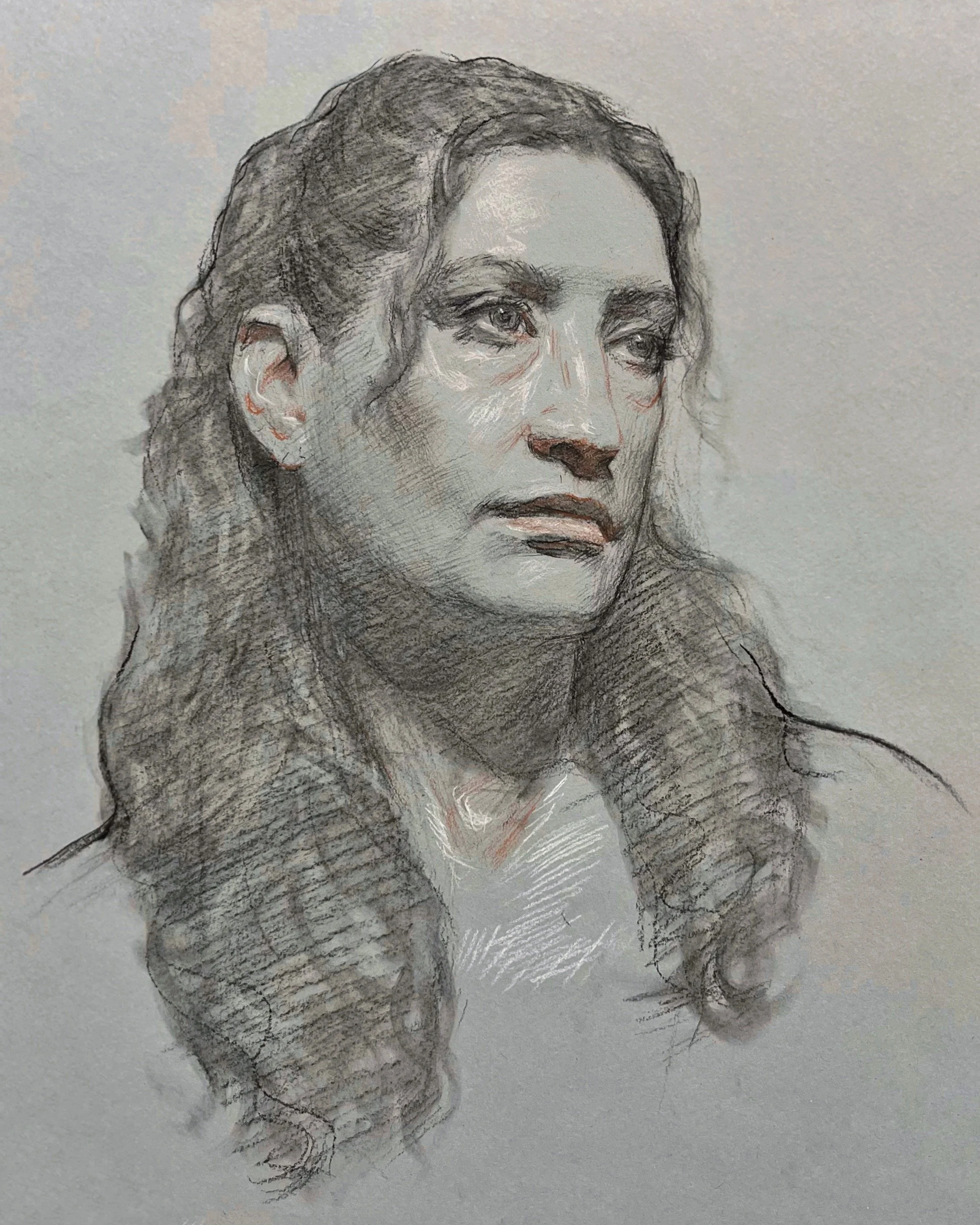   Leticia en trois couleurs,  charcoal, red pencil, and white chalk on toned paper 