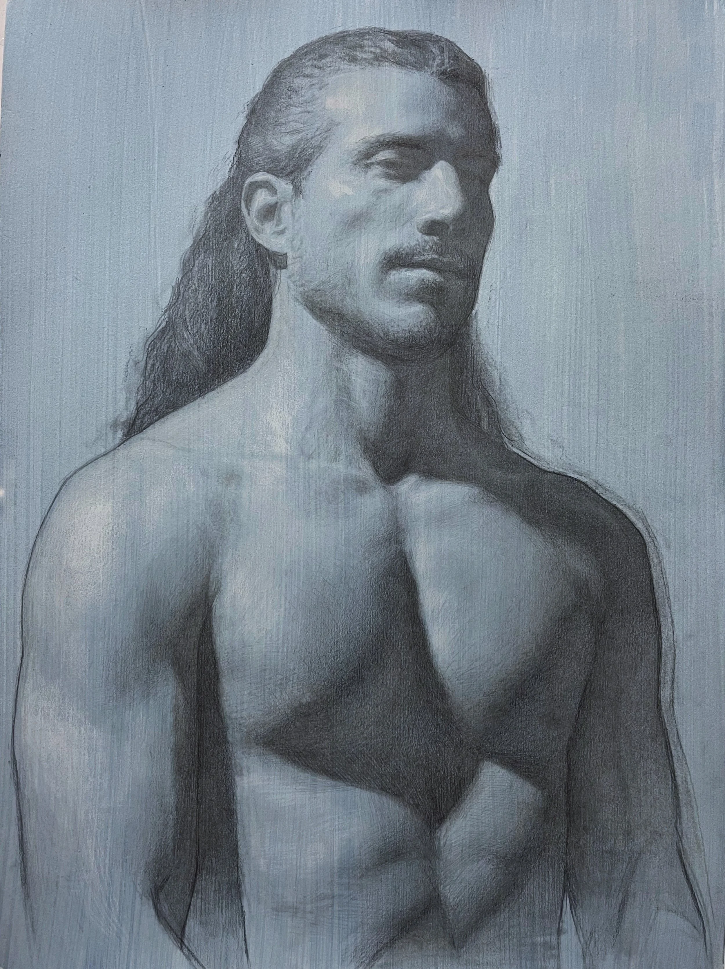   Giuseppe on blue paper,  graphite and white chalk on toned paper 