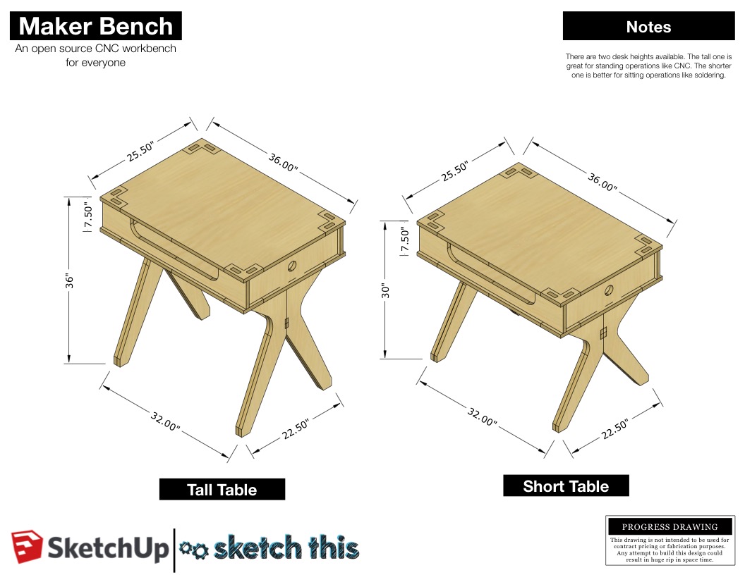 The bench comes in two different heights. The tall one is great for standing work like CNC milling, hammering and sawing. The shorter desk is setup for sitting operations. Things like soldering, assembling, and drawing.