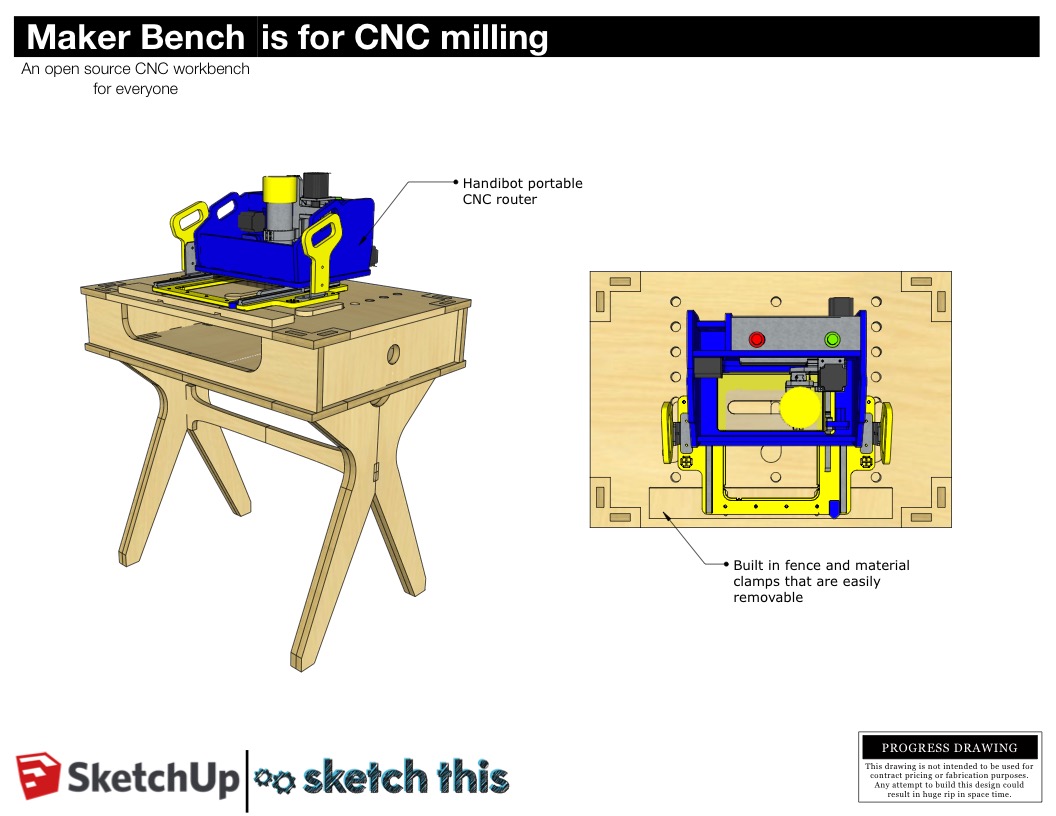 This bench is a material hold down station for the ShopBot Handibot portable CNC machine. It features a built in removable material fence, and wooden toggle clamps to hold your piece in place.