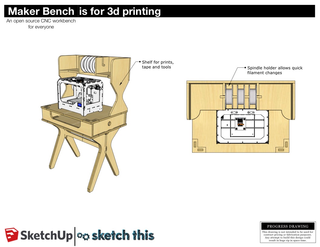 This 3D printing take on the bench has a shelf on it that stores your filament spools. The spools can be fed right into the machine from the shelf so there’s no reaching around behind the machine anymore. A simple wooden dowel holds them in place and makes the spools easily removable. The shelf could be fastened on with bolts so that it’s easy to install and remove.