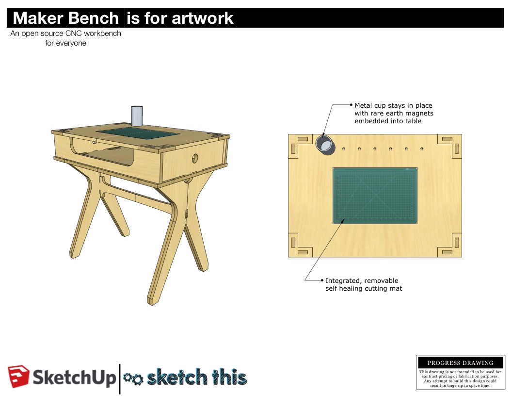 This art table features a self healing cutting mat that is flush with the surface. The mat can be easily removed when it gets damaged. The metal cup is held in place with embedded rare earth magnets. This way you can have your drawing and cutting utensils right at hand and not have to worry about getting them knocked over.