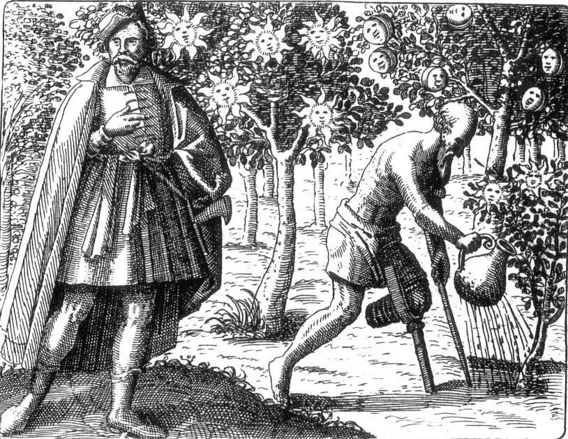 The alchemist facilitates the growth of the metallic seed towards its two fruits or perfections—silver and gold. Emblem twelve from Michael Maier's Symbola Aureae Mensae, Frankfurt, 1617.