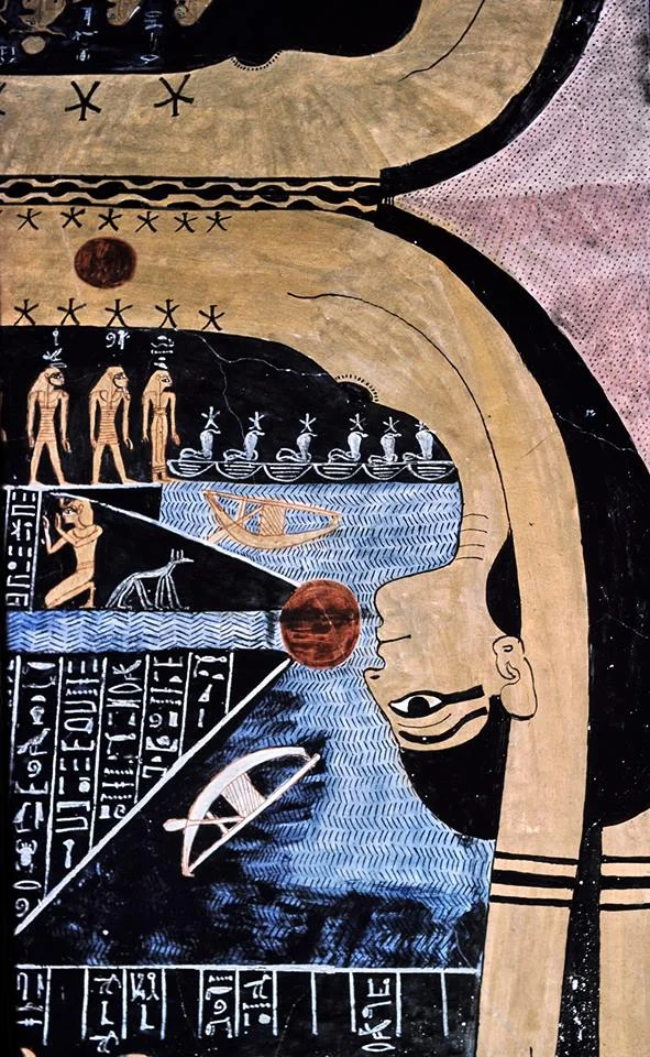 The goddess Nut (night) swallowing the Sun. Book of Night, Tomb of Rameses VI. 