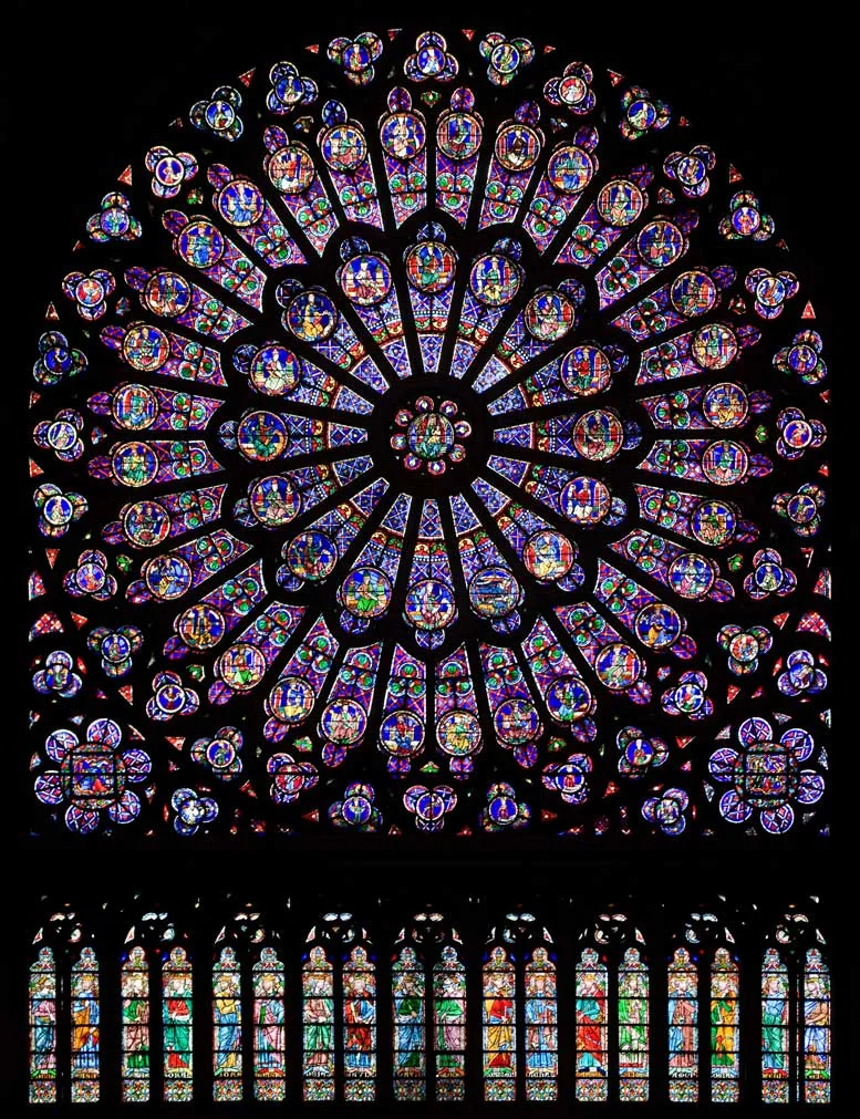 North Rose Window of Cathédrale Notre-Dame de Paris. The stained glass of the oldest gothic cathedrals was believed by the alchemists of the Parisian alchemical revival to have been coloured using esoteric methods lost to the modern world. Between 1913 and 1932, Schwaller and Champagne worked exclusively on achieving these mysterious blues and reds. Their efforts pivoted firstly on the animation and isolation of the volatile spirit of metals, and secondly on marrying this sulphuric lustre to a body of molten glass. Panoramic photograph, Julie Anne Workman, 2010.
