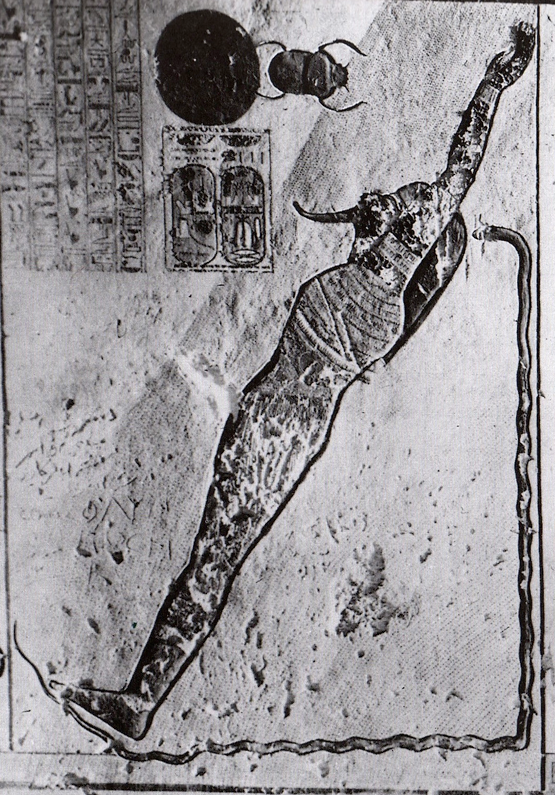 Kamuef (‘the bull of his mother’), Tomb of Ramses IX. In this image, Schwaller saw the Pythagorean principle of tri-unity. In Egyptian theology, ka (‘bull’, ‘spirit’) indicates the active masculine force in the triad; mut , the ‘mother’, represents the feminine receptive force; while the child or son represents the product. The paradox that binds the three aspects of this lineage into a triangular unity lies in the fact that the son, by recapitulating (indeed reincarnating) his father, becomes thereby the bull (spirit and inseminator) of his mother. In short, he is the father of himself. Rather than being a simple ‘product’, he exists both in a primary state, ‘before’ the separation or differentiation into gendered polarity (male-female) and in an ultimate state, ‘after’ the two poles have been differentiated and then recombined (the alchemical conjunctio or cohabation). Reproduced from R. A. Schwaller de Lubicz, The Temple of Man: Apet of the South at Luxor . Rochester, Vermont: Inner Traditions International, 1999.