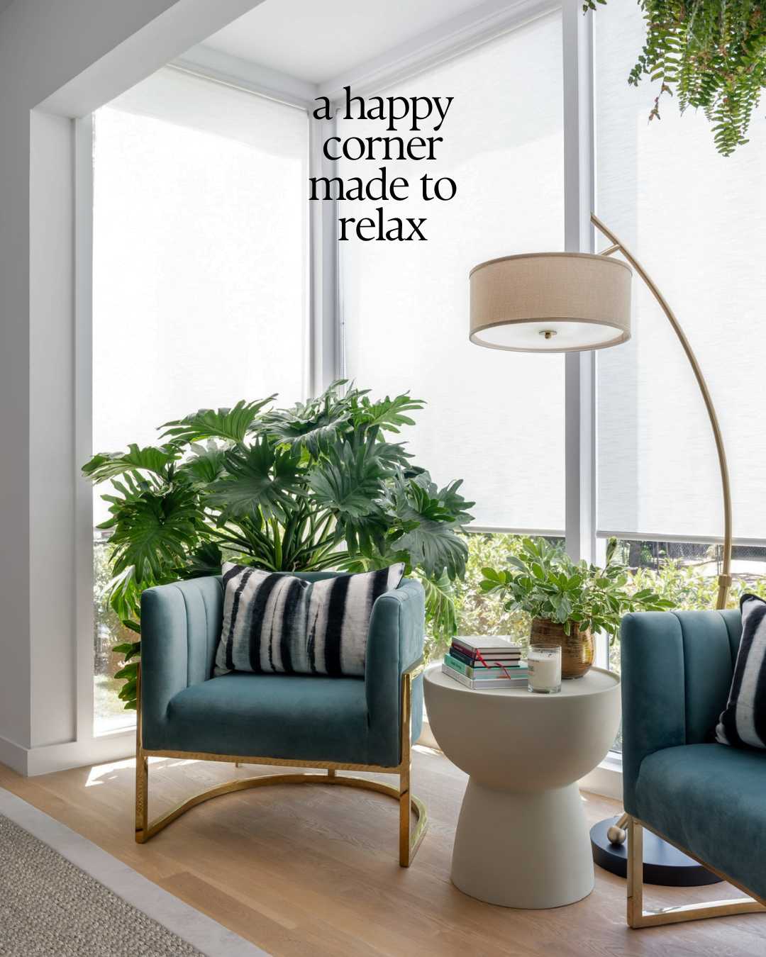 a happy corner made to relax with comfortable seating, sunlight and greenery
