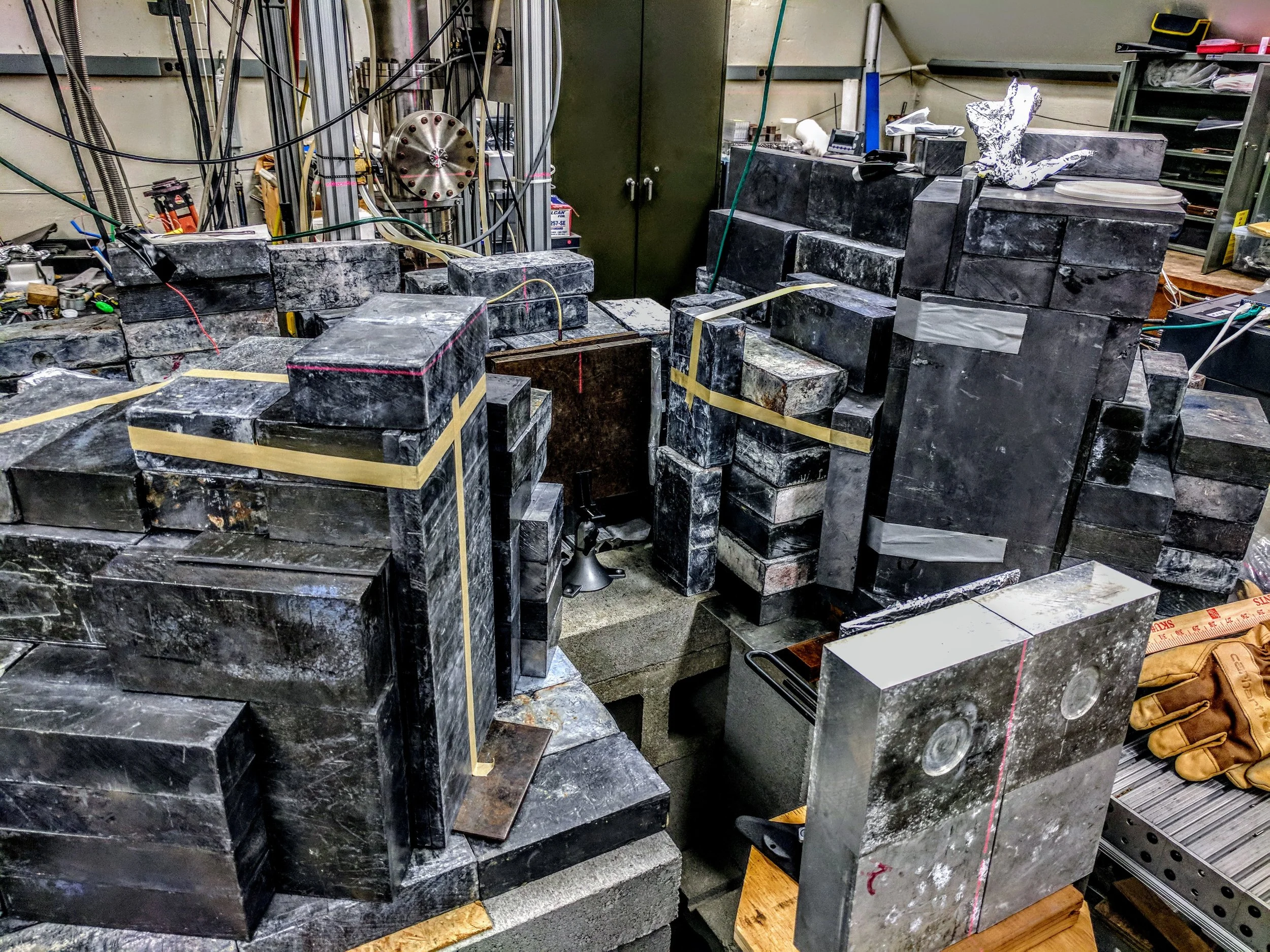 The transmission NRF experimental verification system used by LNSP. The combination of low cross sections of NRF and the slowness of the germanium detectors require us to use (multiple) tons of lead shielding to make a measurement happen.