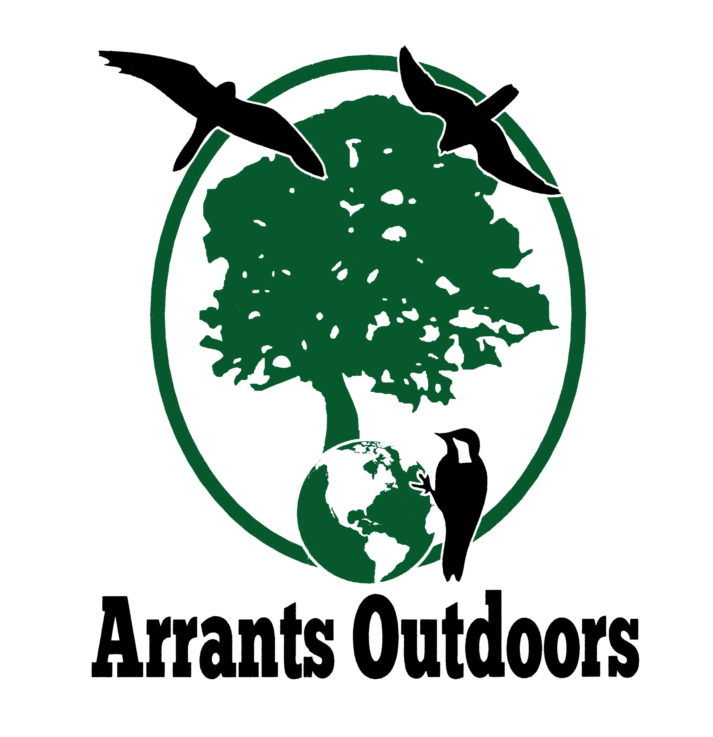 Arrants Outdoors Logo -  Silhouettes of 2 birds of prey soar above a large world tree emerging as a woodpecker perches on the globe.