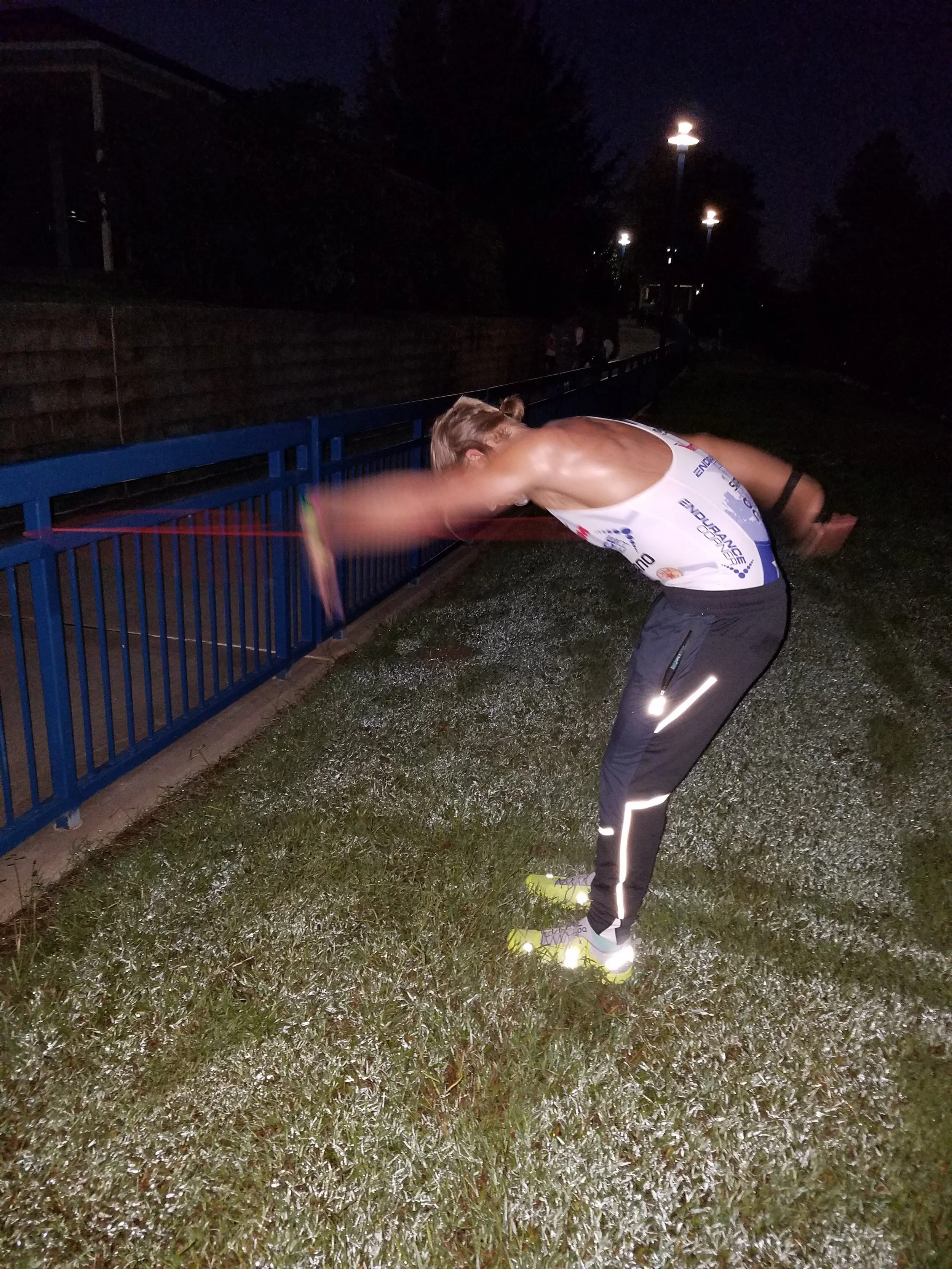 Race morning warm up. I often jog as part of warm up, but opted against that because of the morning temps.