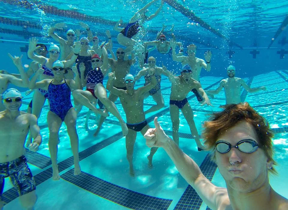 The crew enjoying some post swim photos. Photo: Jeff Fejfar