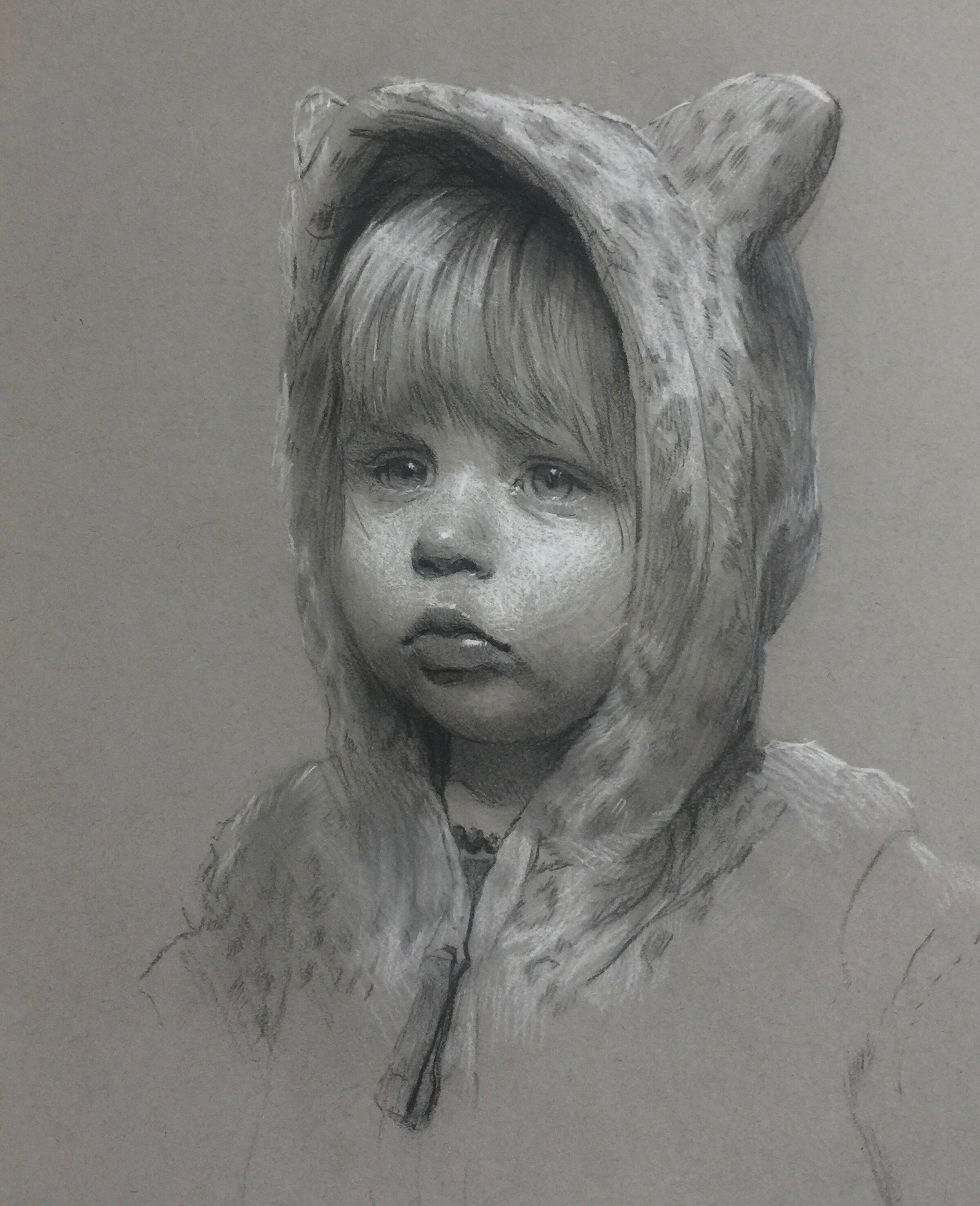  Ella  Graphite and White Chalk on Toned Paper  12”x 12” 