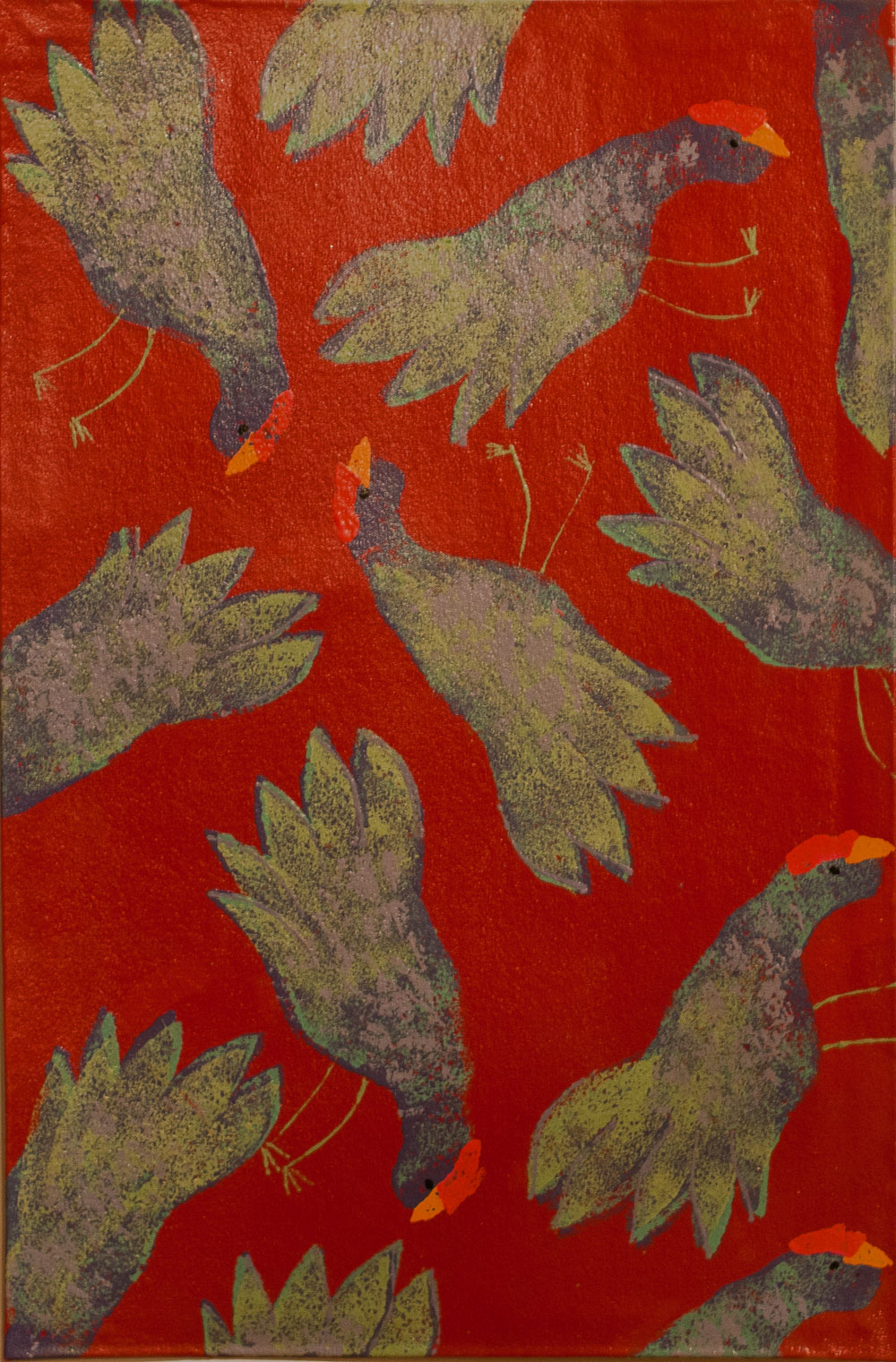 Chickens Scratching on Red