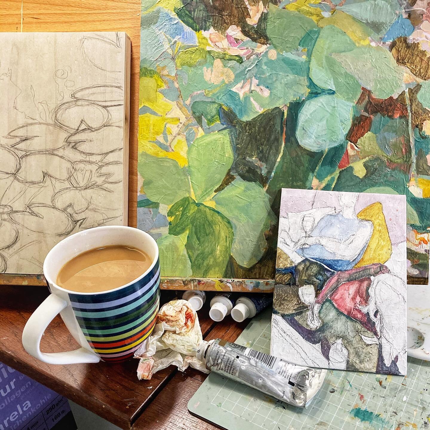 Hmm. Too many things on the go at once #instaart #art #studio #wip #contemporarypainting #contemporaryart #madeinyorkshire #northyorkshire #york #artistsofinstagram oh and but of course: it&rsquo;s @yorkshiretea what else