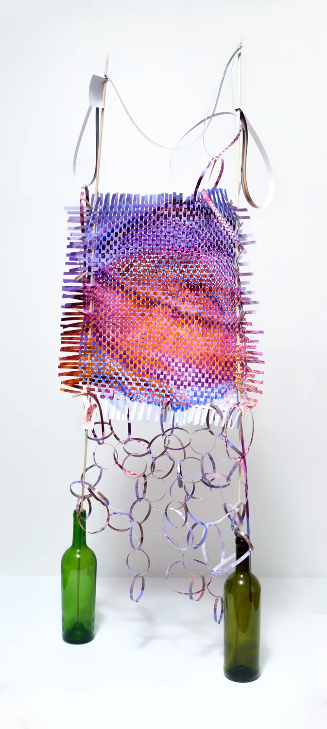   Beebalm-sunburst-ballet , 2014  cut-up inkjet prints, Polaroid, c-print, wooden dowels, miniature clothespins, and glass bottles  48 x 18 x 6 inches   Twist-flip-tremble-trace , Johalla Projects, Chicago, IL     