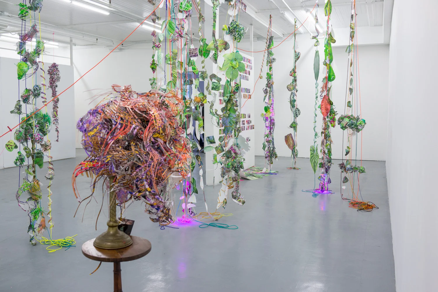  sculpture in foreground:                                                                            Rejoining Roger Brown -  What's happening now , 2016  cut-up inkjet prints, c-prints, miniature clothes pins, candlestick, wooden table  59 x 22 x 20