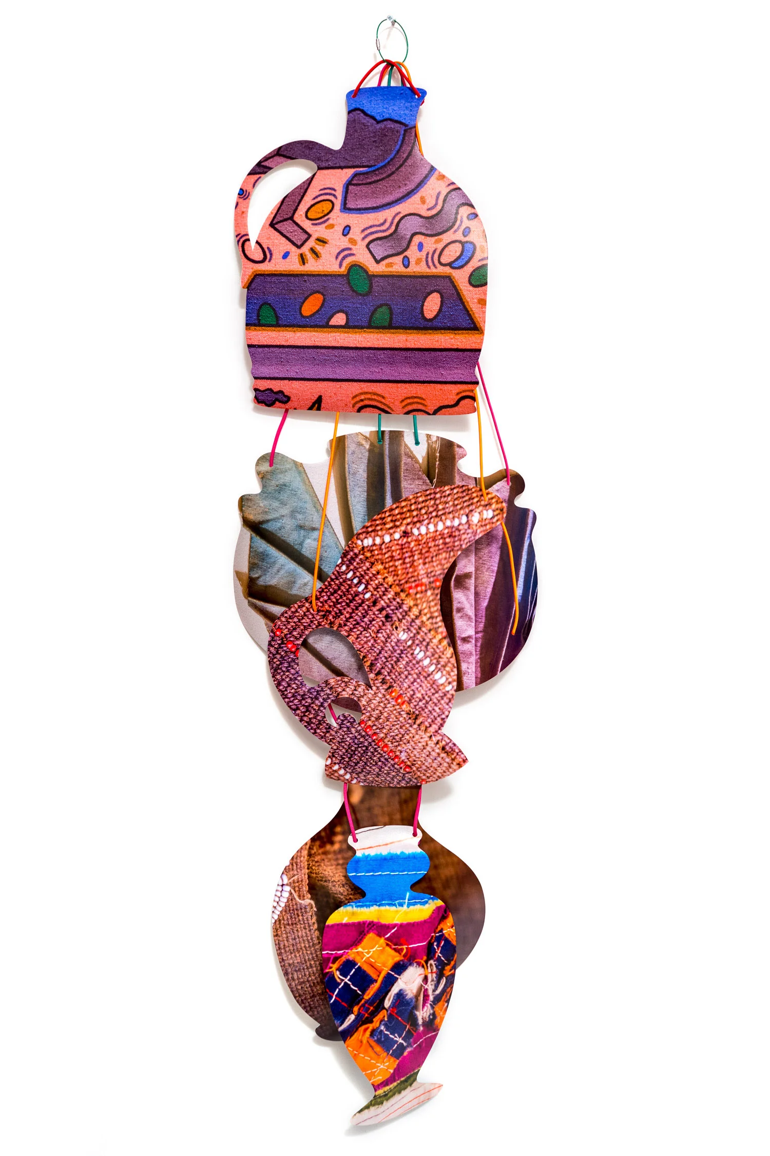  Rejoining Roger Brown:  Virtual Still Life: Service with a Smile , 2016  cut-up inkjet prints, paracord, cable rings  dimensions variable 