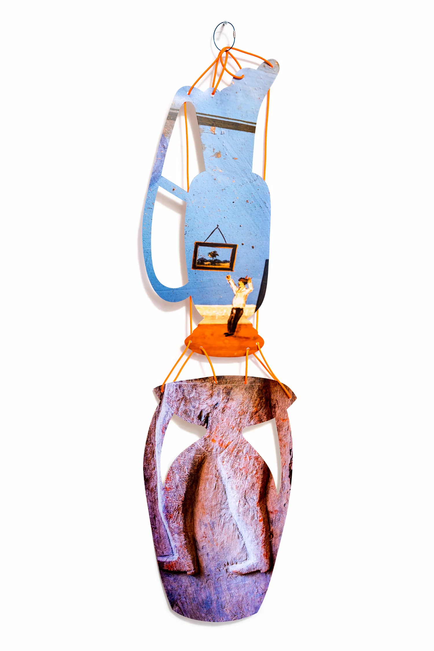  Rejoining Roger Brown:  Virtual Still Life: Service with a Smile , 2016  cut-up inkjet prints, paracord, cable rings  dimensions variable 