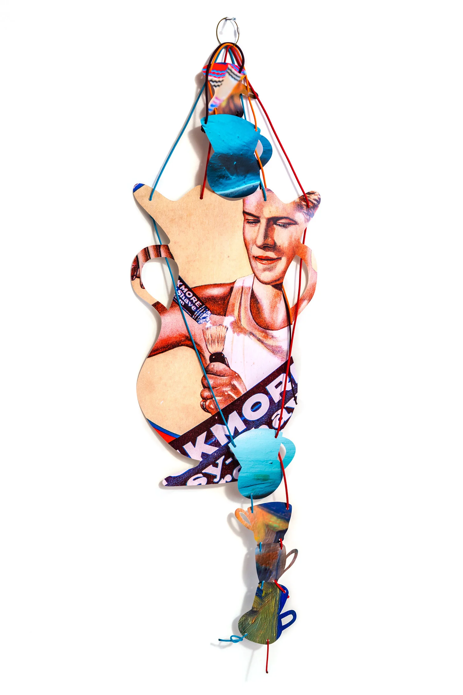  Rejoining Roger Brown:  Virtual Still Life: Service with a Smile , 2016  cut-up inkjet prints, paracord, cable rings  dimensions variable 
